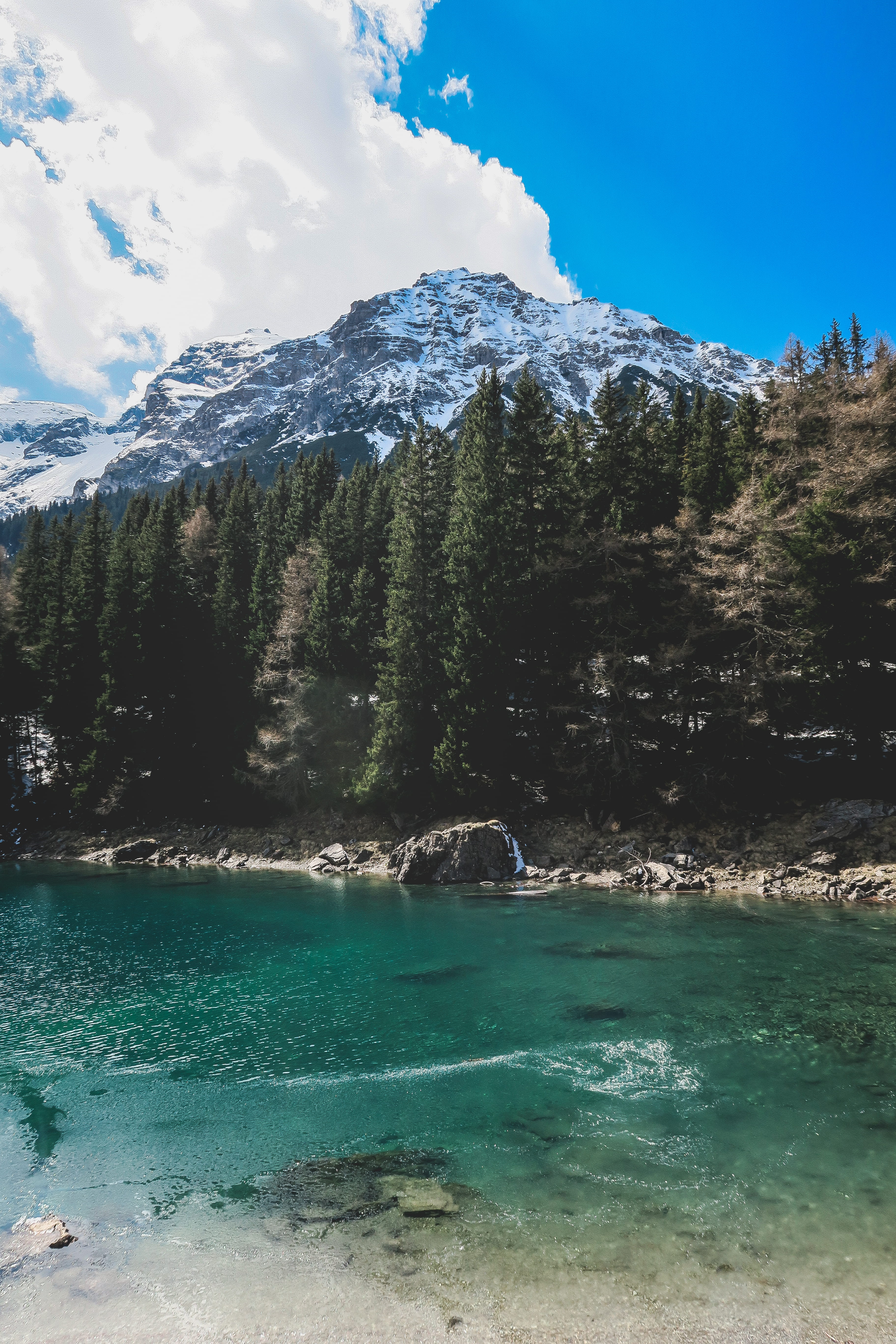 cloud - sky, turquoise colored, 5K, beauty in nature, woods, non-urban scene, mountains, snow, travel, austria, waterfront, tree, cold temperature, obernberger see, Phone HD Wallpaper