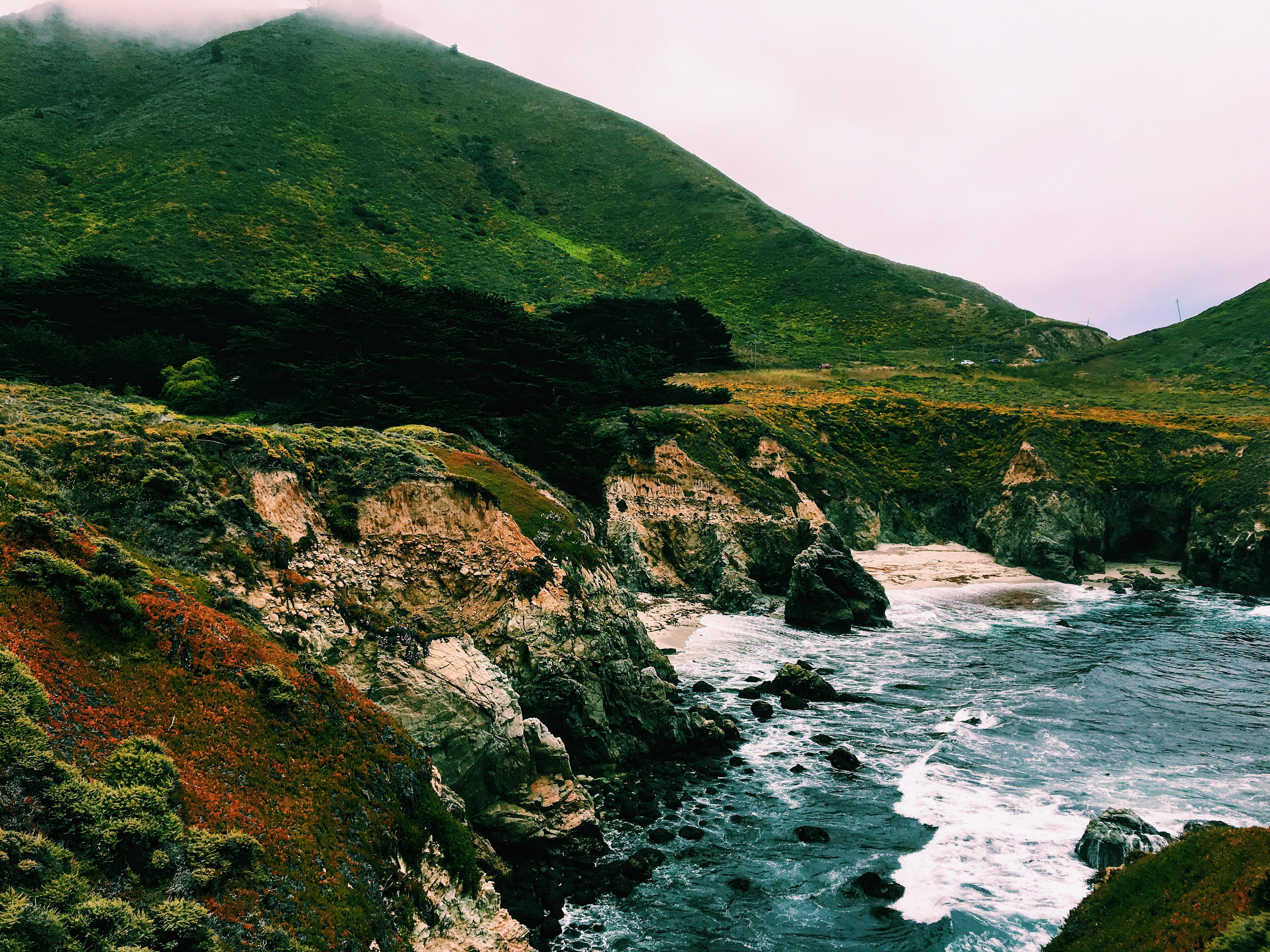 sea, california, mountain, monterey, plant, solid, outdoors, rock, non-urban scene, flowing, tree, pacificcoast, tranquil scene, nature, estados unidos, HD Wallpaper