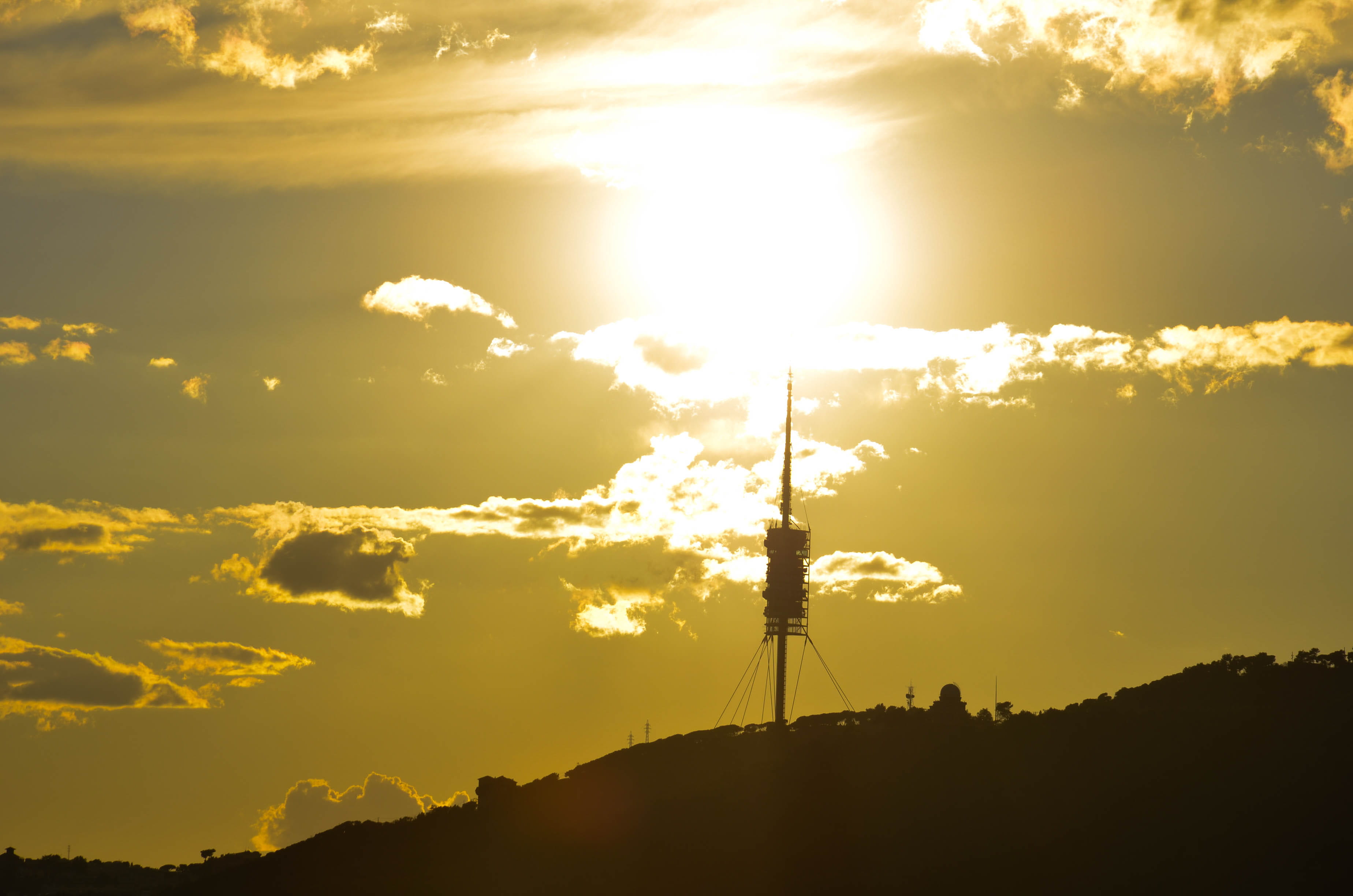 spain, tranquil scene, cloudy, outdoors, sun, bunkers del carmel, mountain, sunbeam, idyllic, scenics - nature, technology, clouds, landscape, sunset, lens flare, HD Wallpaper