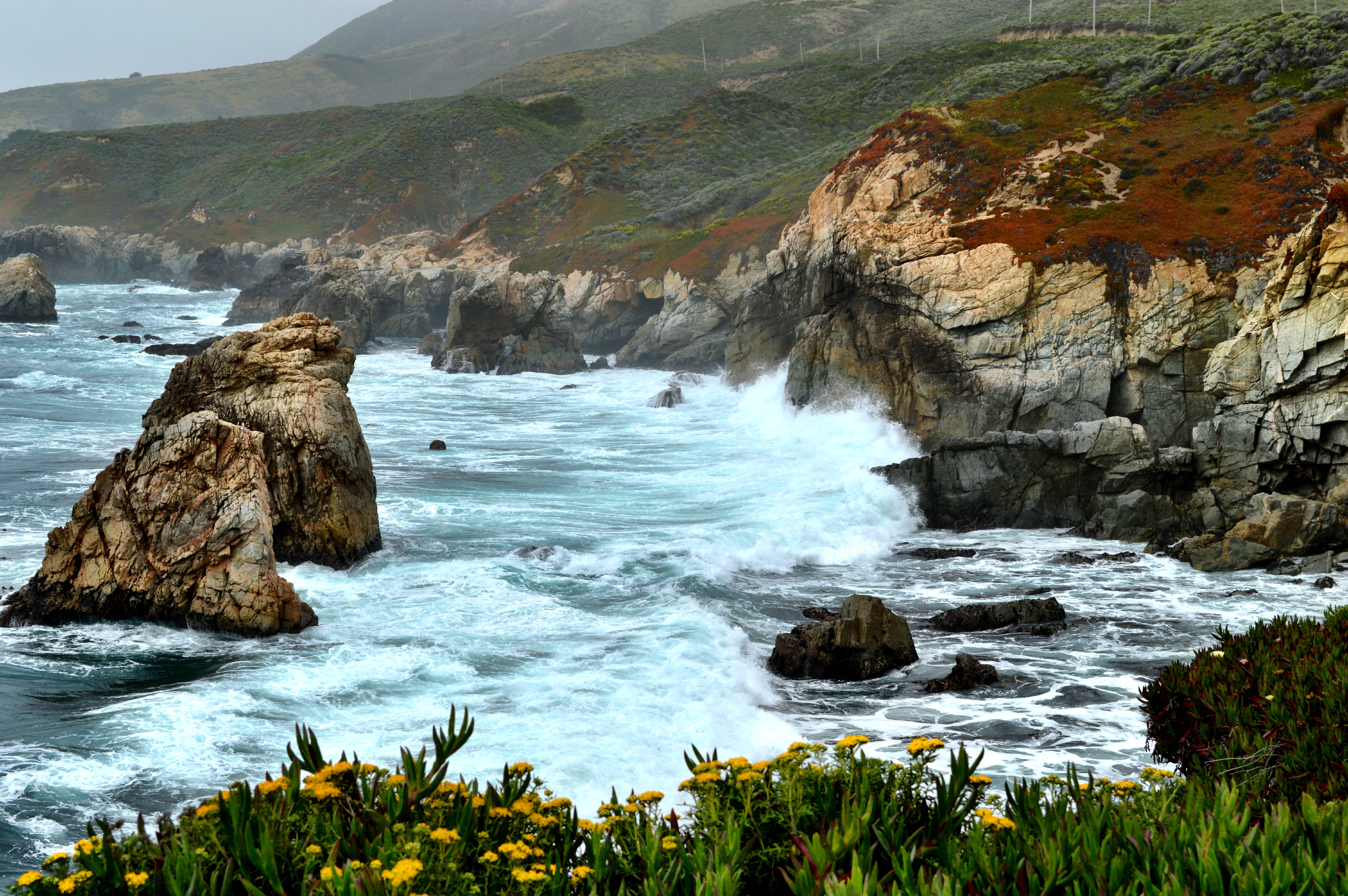non-urban scene, blossom, ocean, wilderness, 5K, shoreline, mountain, flowing, sea waves, promontory, waves, formation, rock formation, power, boulders, HD Wallpaper