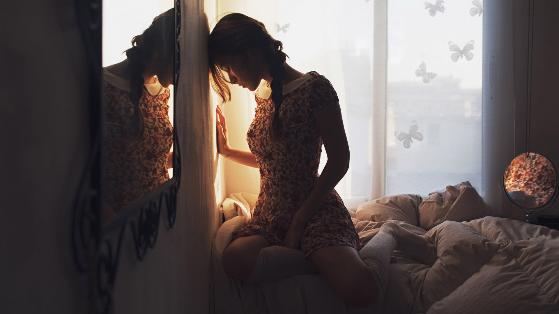 photography, mirror, 1080P, women, artificial lights, backlit, model, sunlight, window, HD Wallpaper