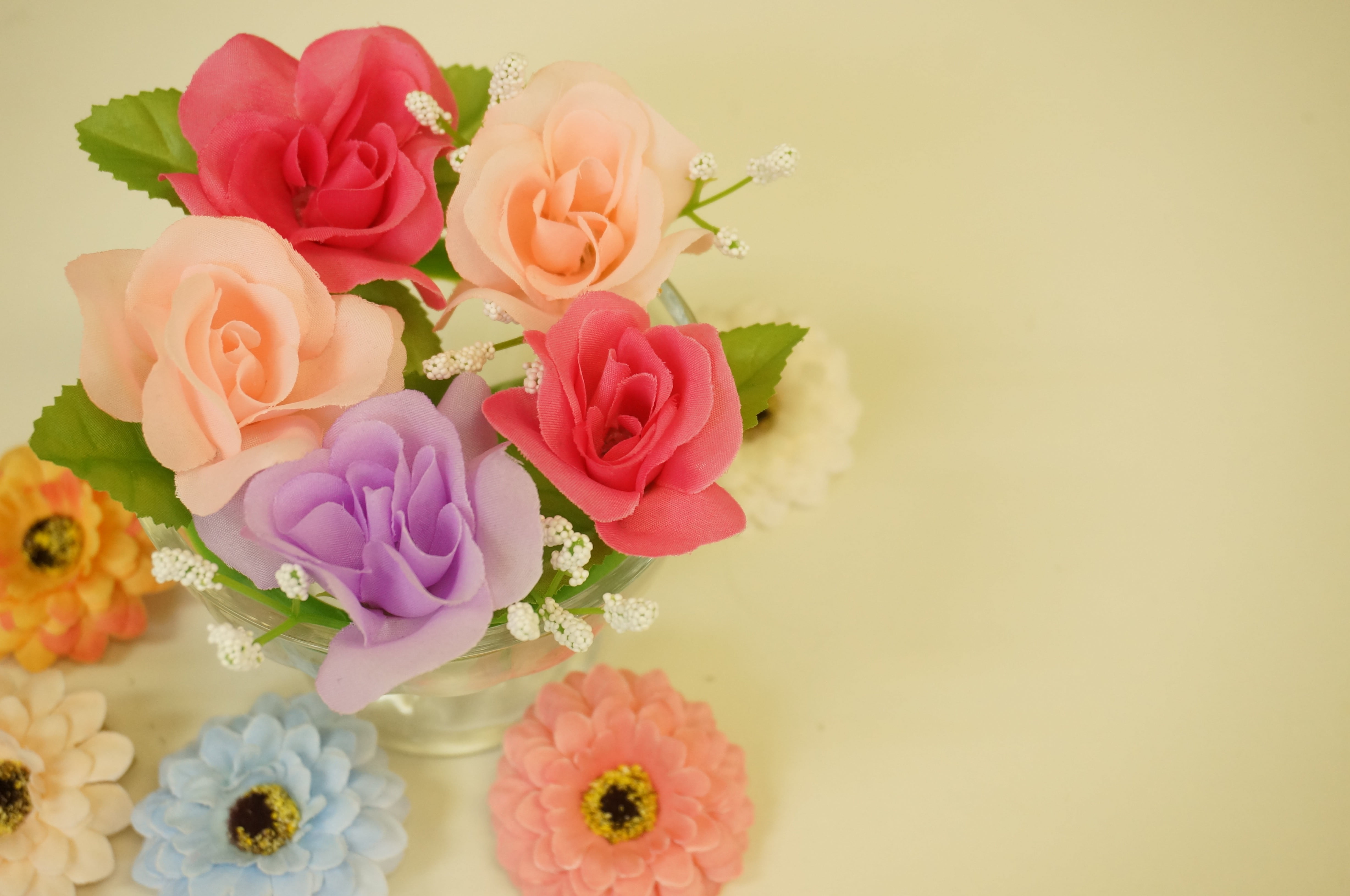 4K, studio shot, nature, purple, freshness, artificial flowers, beauty in nature, light blue, indoors, petal, plant, flower, close-up, pink color, flowering plant, HD Wallpaper