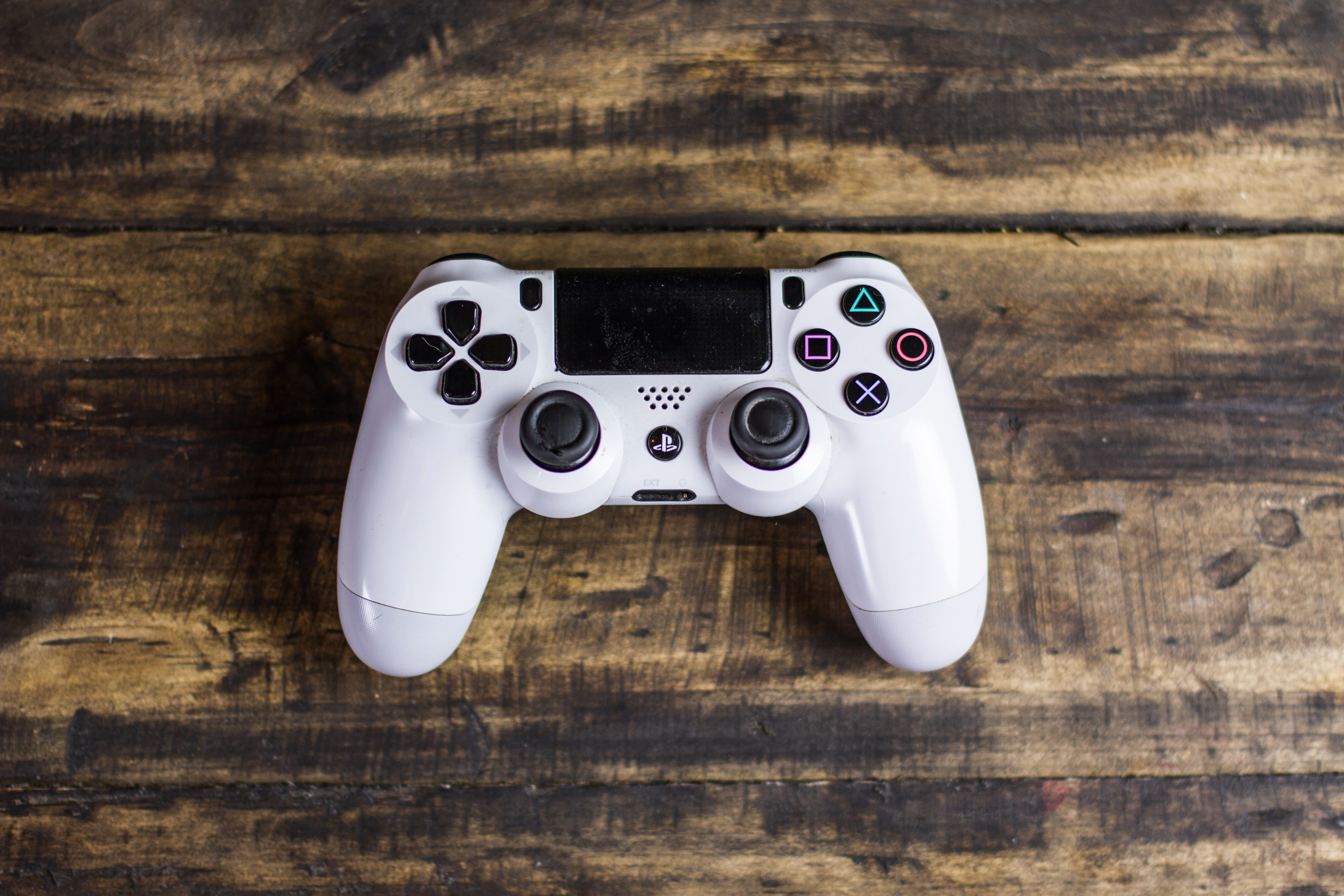 remote, still life, indoors, retro styled, two objects, high angle view, wood - material, old, video game, games, table, wood grain, 4K, ps, directly above, HD Wallpaper
