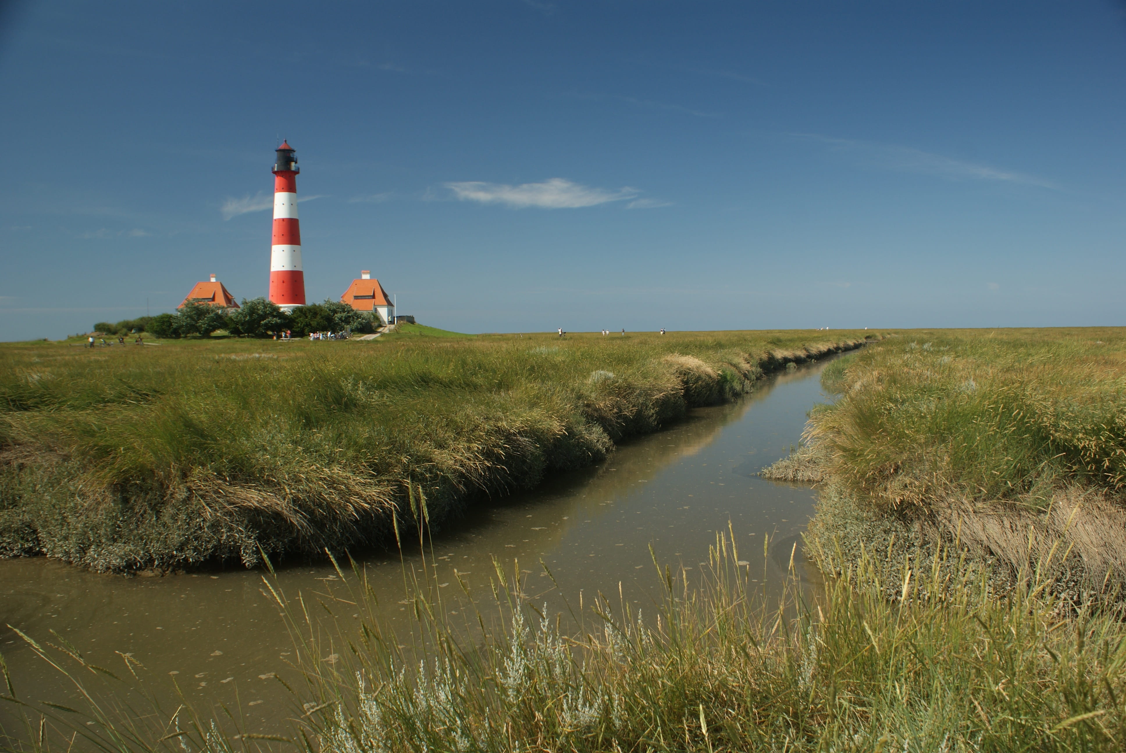 intertidal zone, no people, direction, safety, guidance, Lighthouse, North Sea, building exterior, landscape, water, plant, grass, 4K, building, land, HD Wallpaper