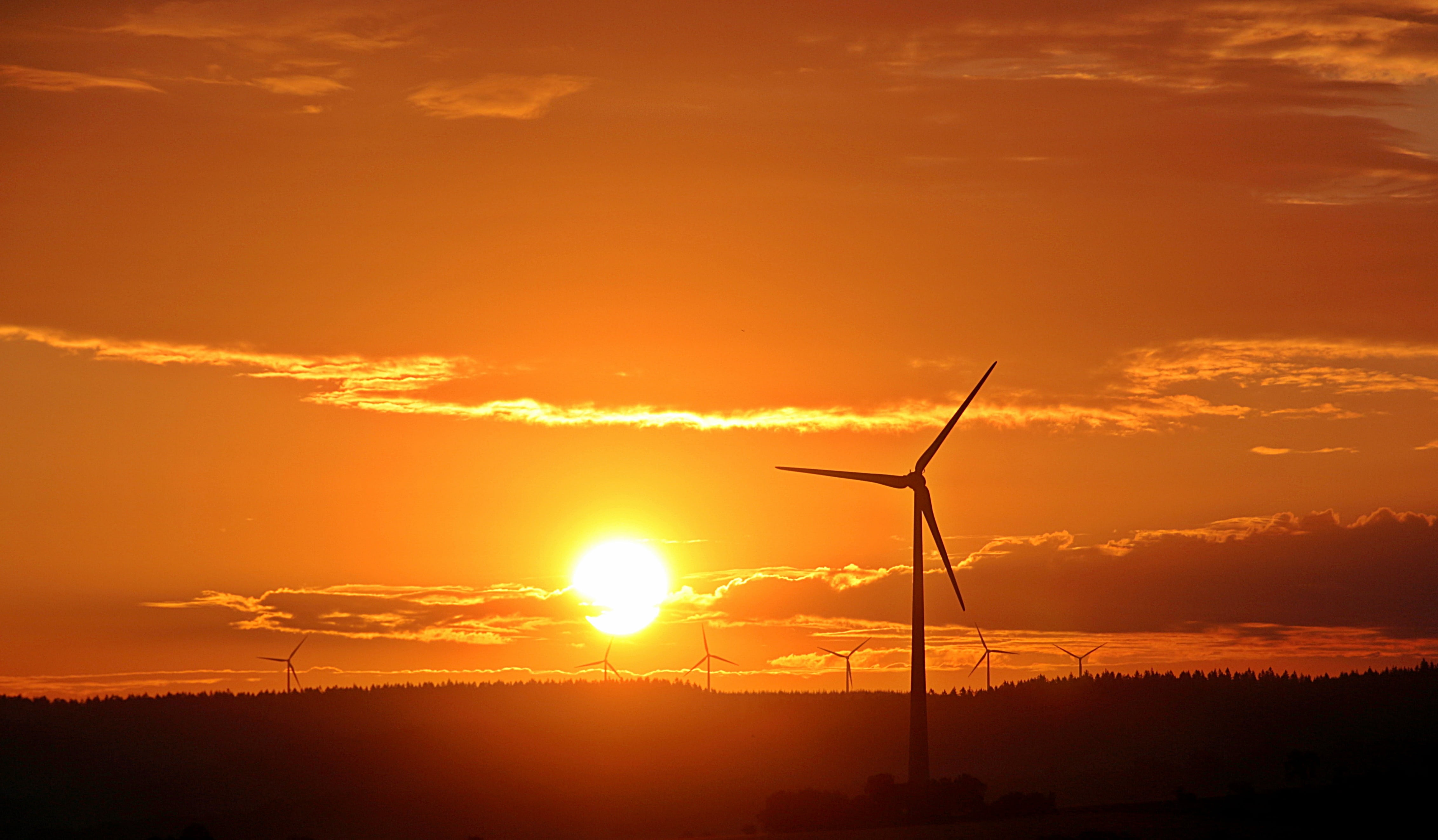 renewable energy, power in nature, wind power, sustainable resources, sunrise, wind energy, 4K, horizon, landscape, skies, environmentally friendly, morning sun, HD Wallpaper