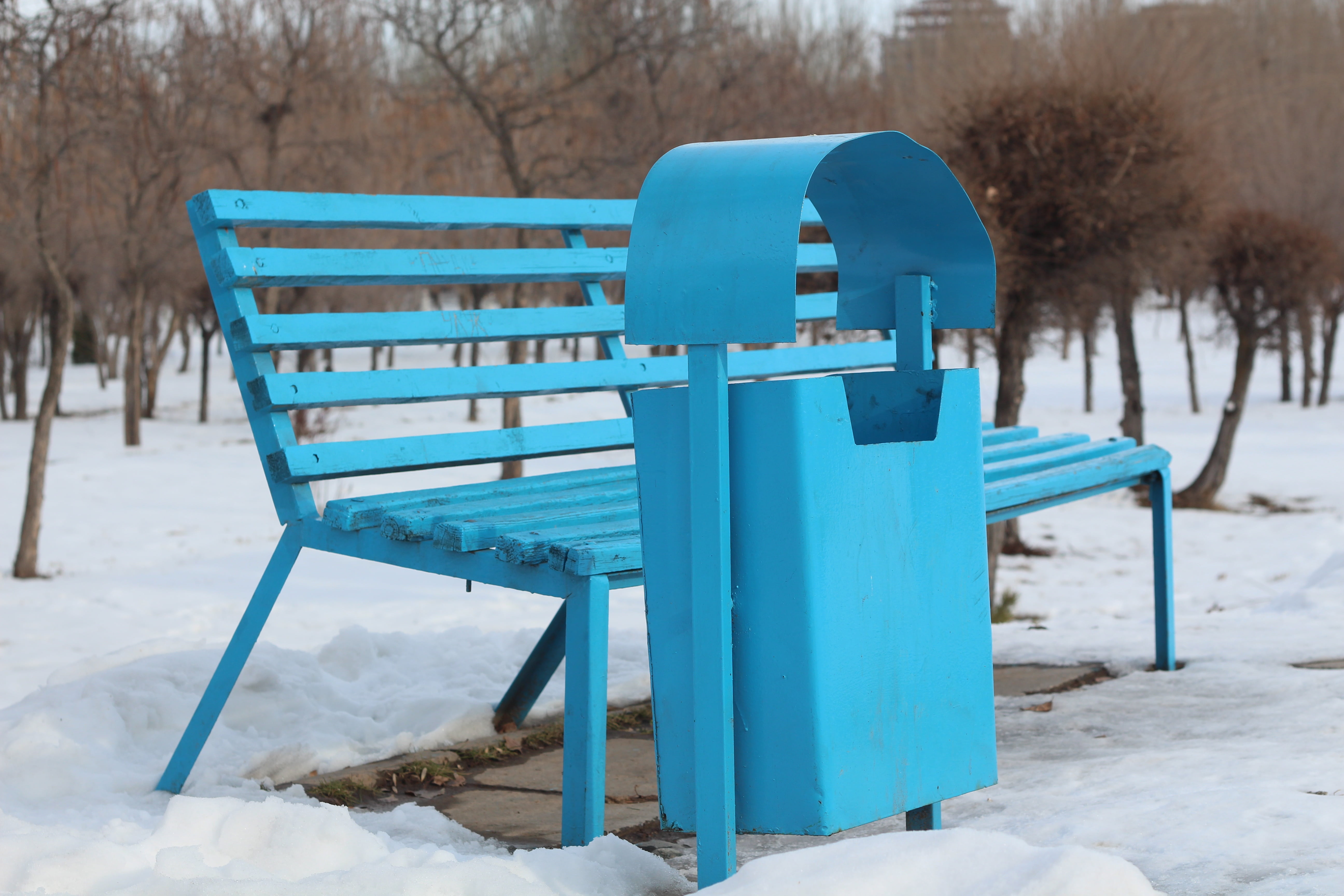 day, ecology, form, 5K, no people, absence, land, white color, seat, tranquility, trashcan, metal, snow, outdoors, tree, chair, bench, settle, winter, HD Wallpaper