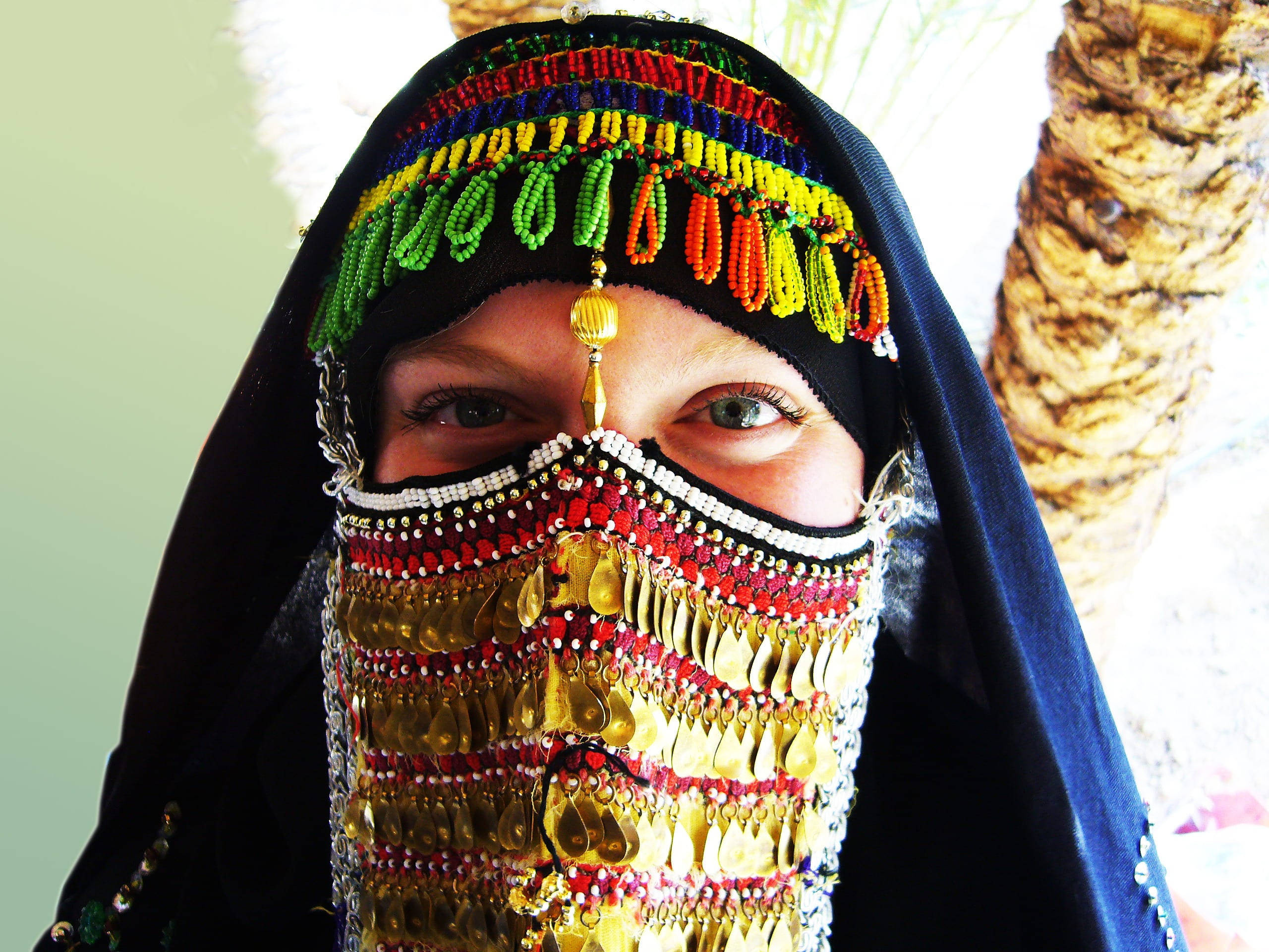 tourism, headdress, gold, one person, looking at camera, colorful, mask, adult, clothing, female, leisure activity, face, nomadic, covered, portrait, human, HD Wallpaper