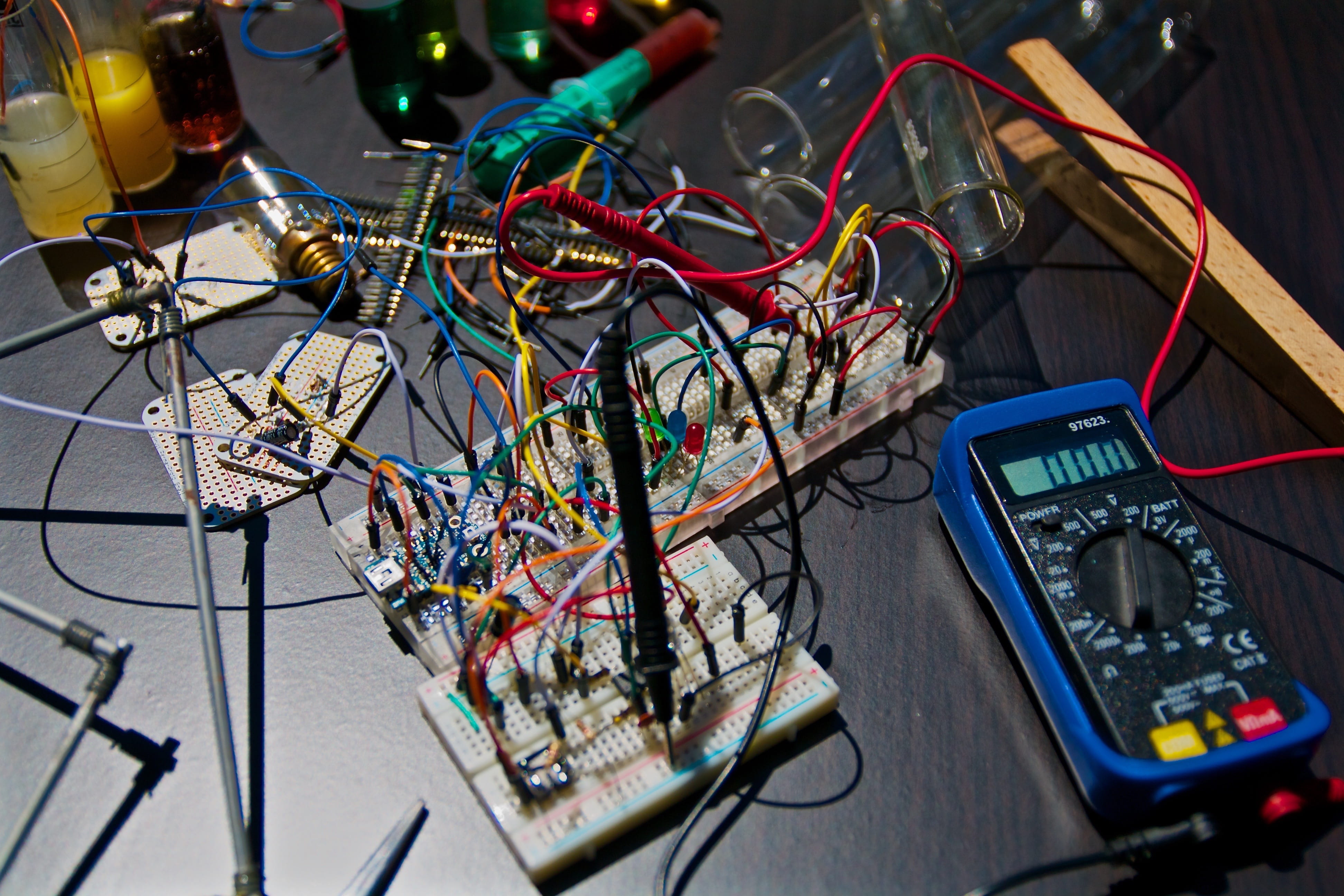 table, electricity, high angle view, computer equipment, close, multimeter, circuit, assorted, still life, electric, tangled, experiment, laboratory, components, HD Wallpaper