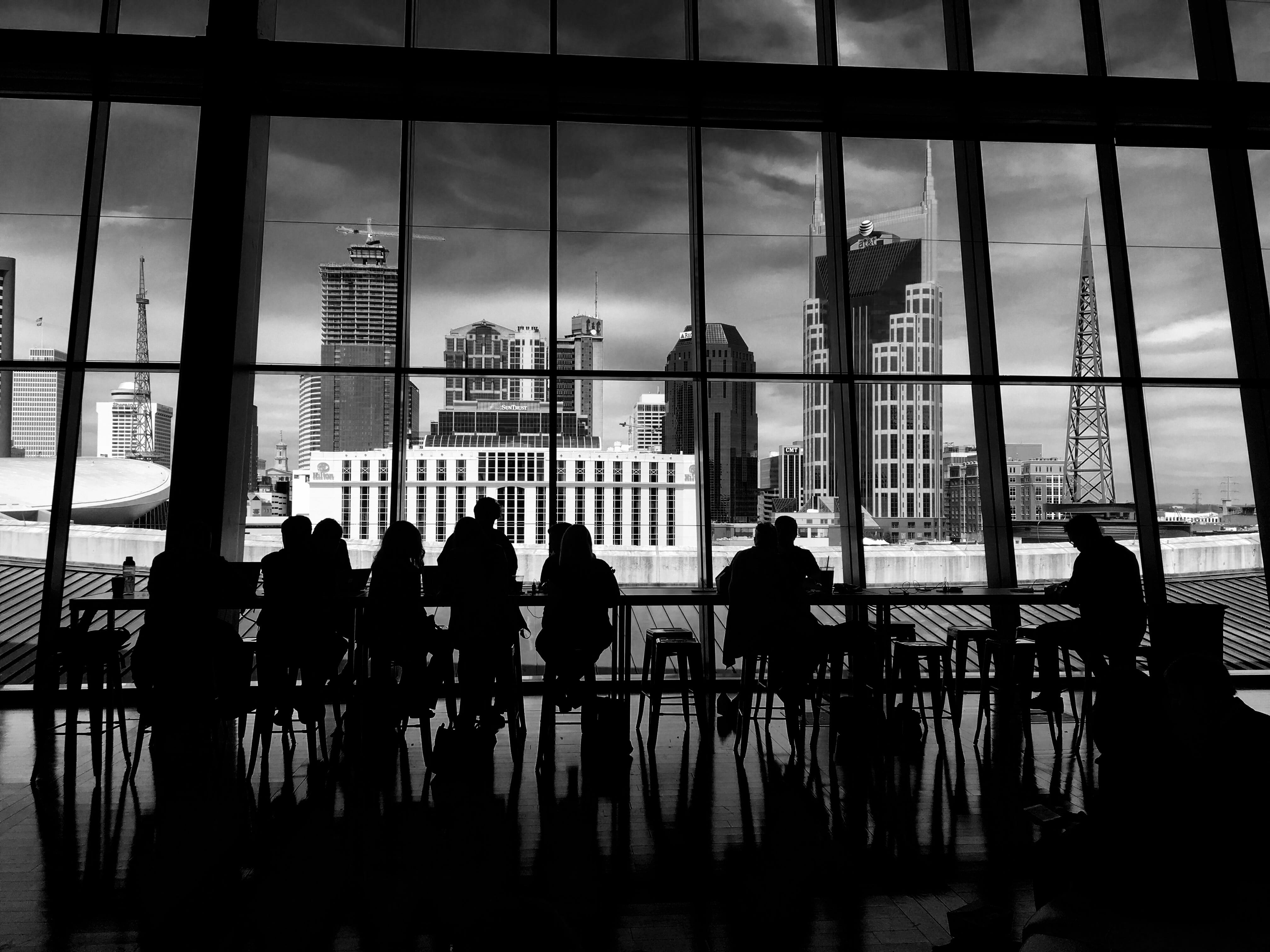 real people, travel, people, 4K, sky, co working, cloud - sky, nashville, glass - material, city, transparent, business, cityscape, black and white, outdoors, HD Wallpaper