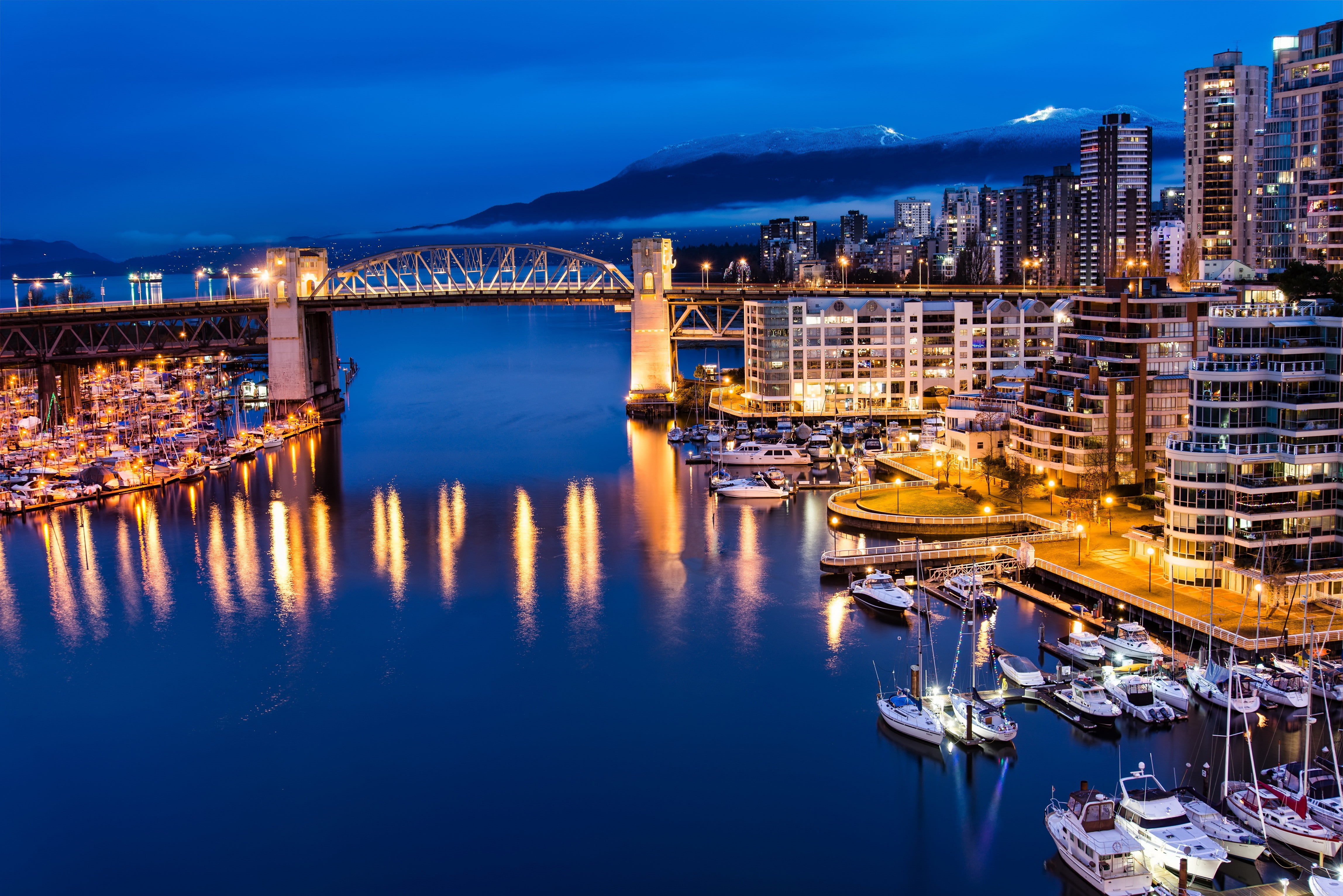 Vancouver, boats, houses, evening, dock, forest, Canada, bridge, mountains, 4K, boat, Cities, Night, city, port, HD Wallpaper