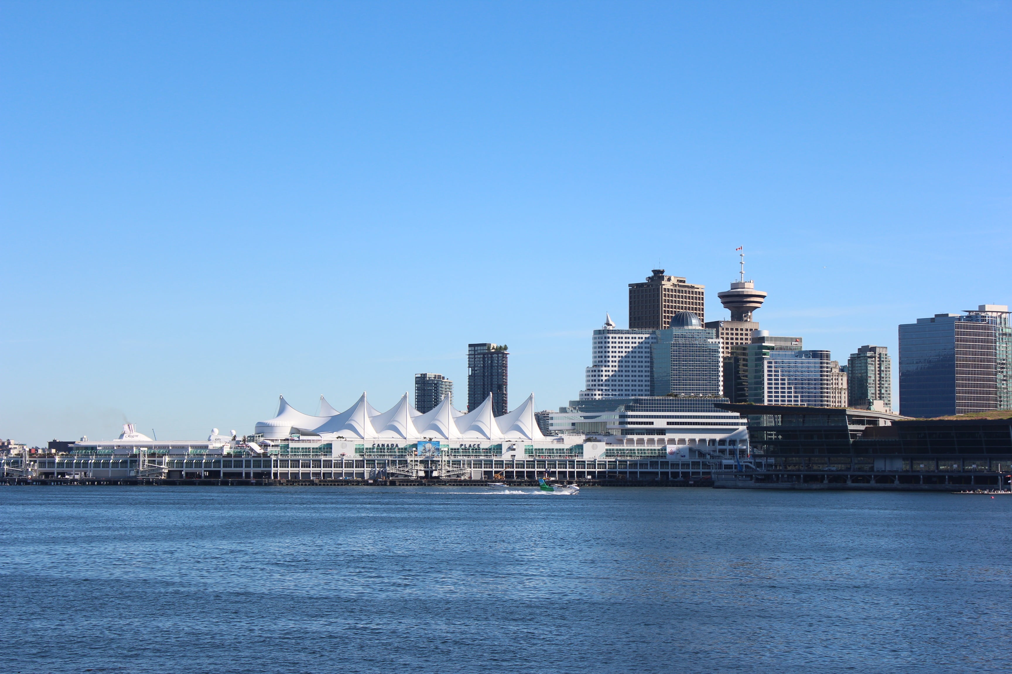 sea, water, center, outdoors, landscape, 2K, waterfront, clear sky, blue, city, canadaplace, transportation, skyscraper, summer, built structure, sky, HD Wallpaper