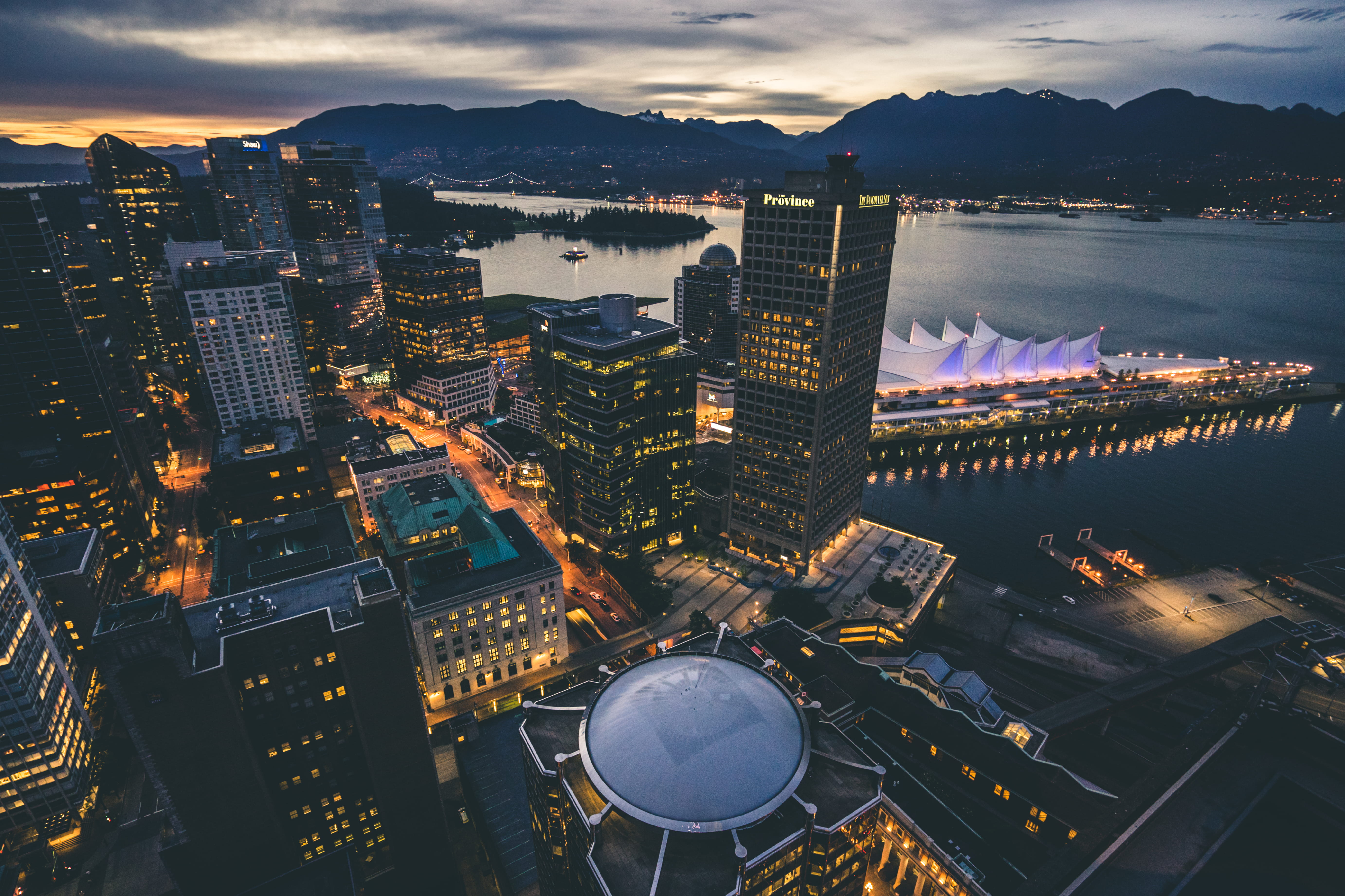 built structure, aerial view, water, landscape, cloud - sky, urban skyline, 5K, vancouver, financial district, illuminated, cityscape, sky, port, building, HD Wallpaper