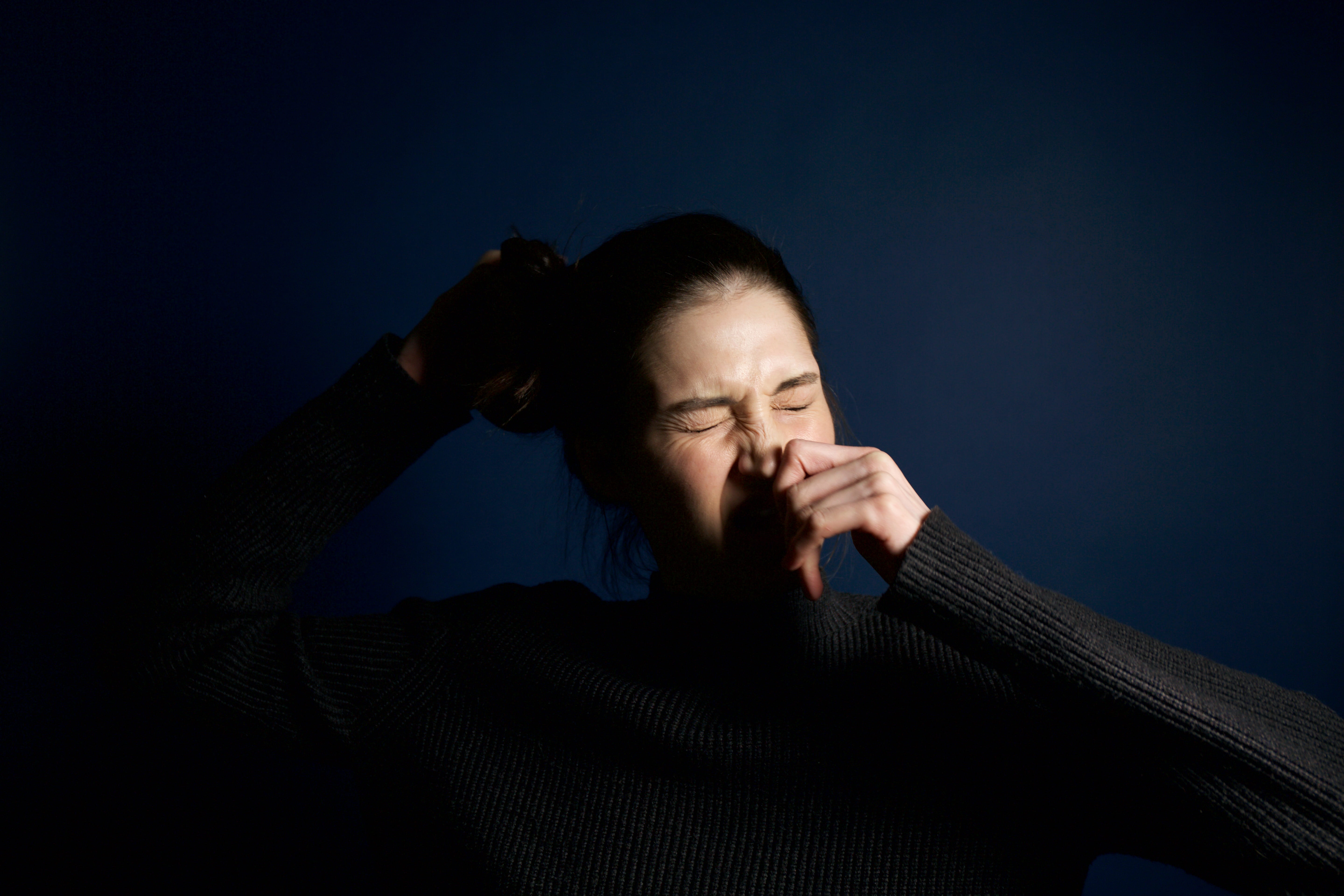 black background, dark, blue, depression - sadness, aggression, emotion, body part, touching, 5K, eyes closed, wear, indoors, portrait, sadness, sweater, HD Wallpaper