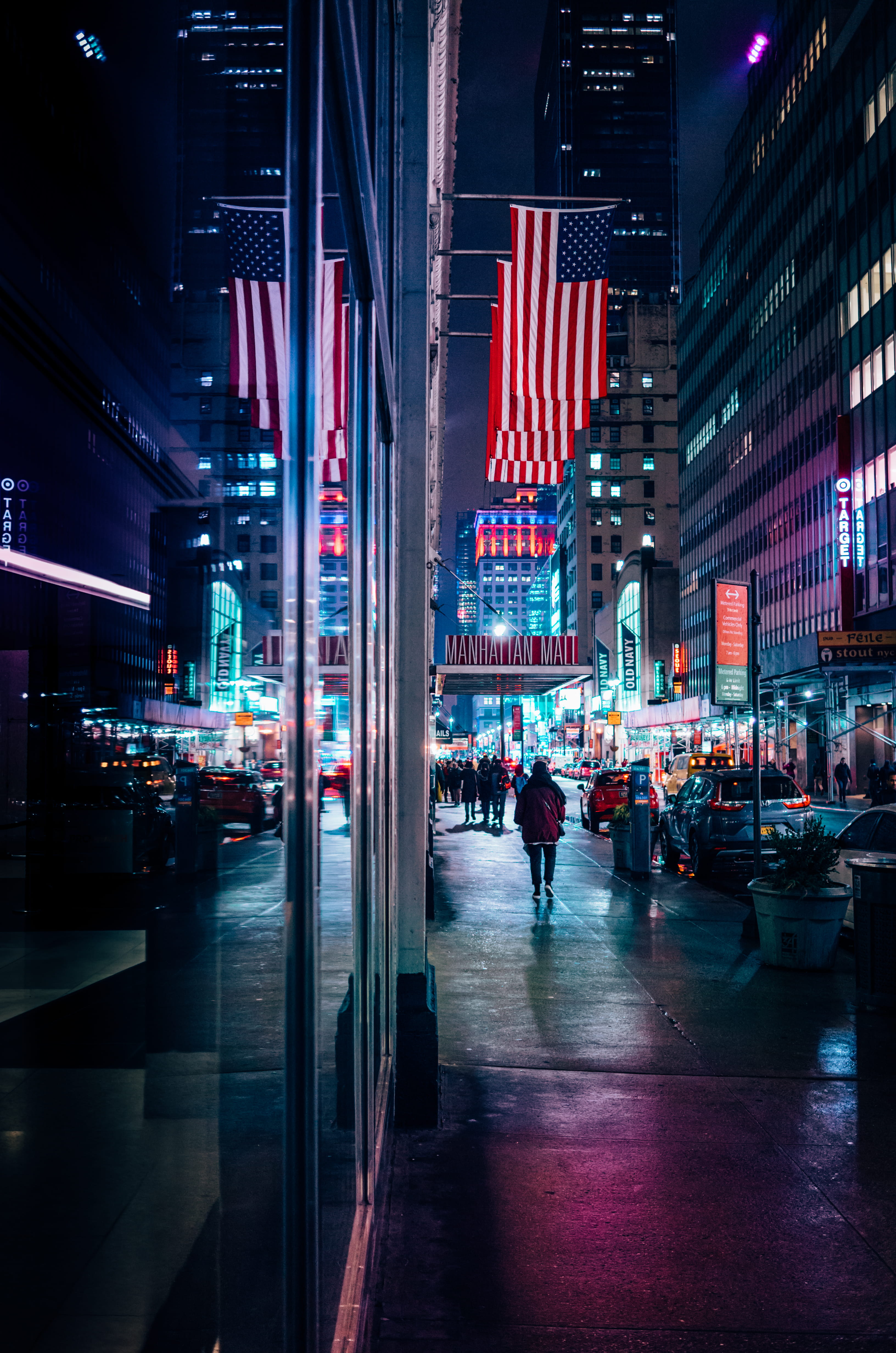 neon Light, skyscraper, new york, downtown District, glass, built Structure, walking, 4K, building Exterior, modern, cityscape, illuminated, building, Phone HD Wallpaper