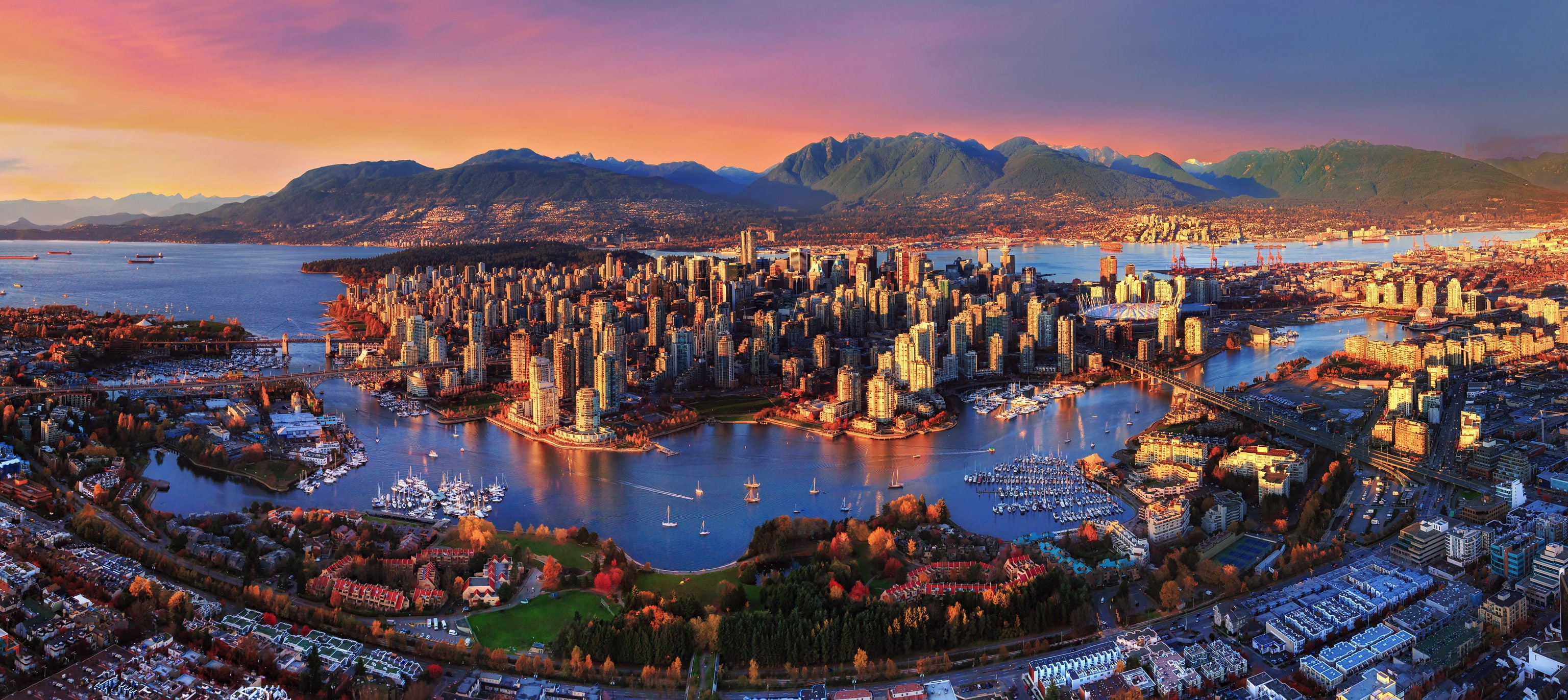 cityscape, boats, forest, sky, city, bay, mountains, Vancouver, buildings, landscape, bridges, sea, Canada, ships, skyscrapers, sunset, 2K, harbor, trees, HD Wallpaper