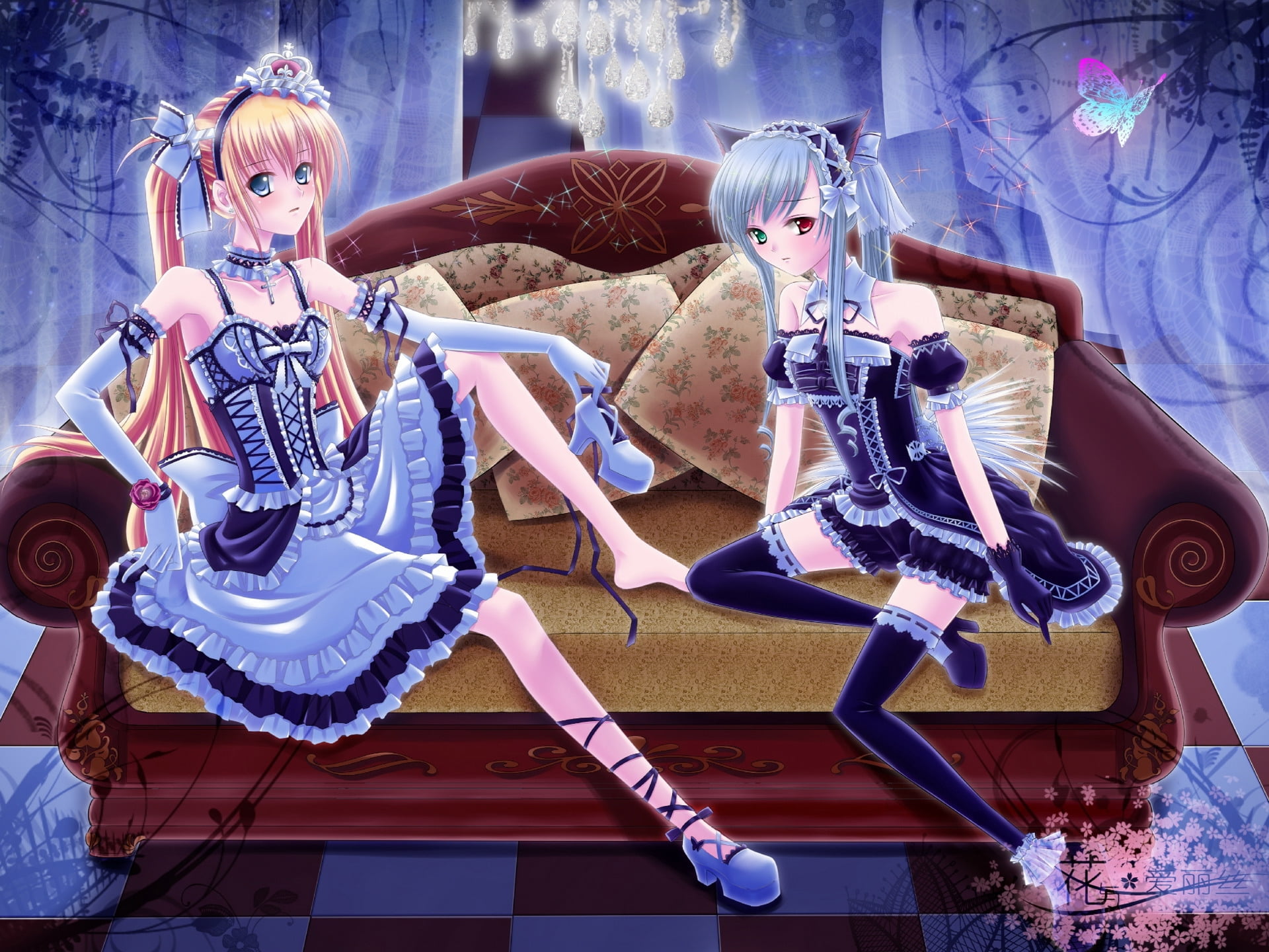 anime, pose, human Skeleton, human representation, people, low angle view, young Adult, two, futuristic, sofa, dress, 1080P, women, one Person, HD Wallpaper