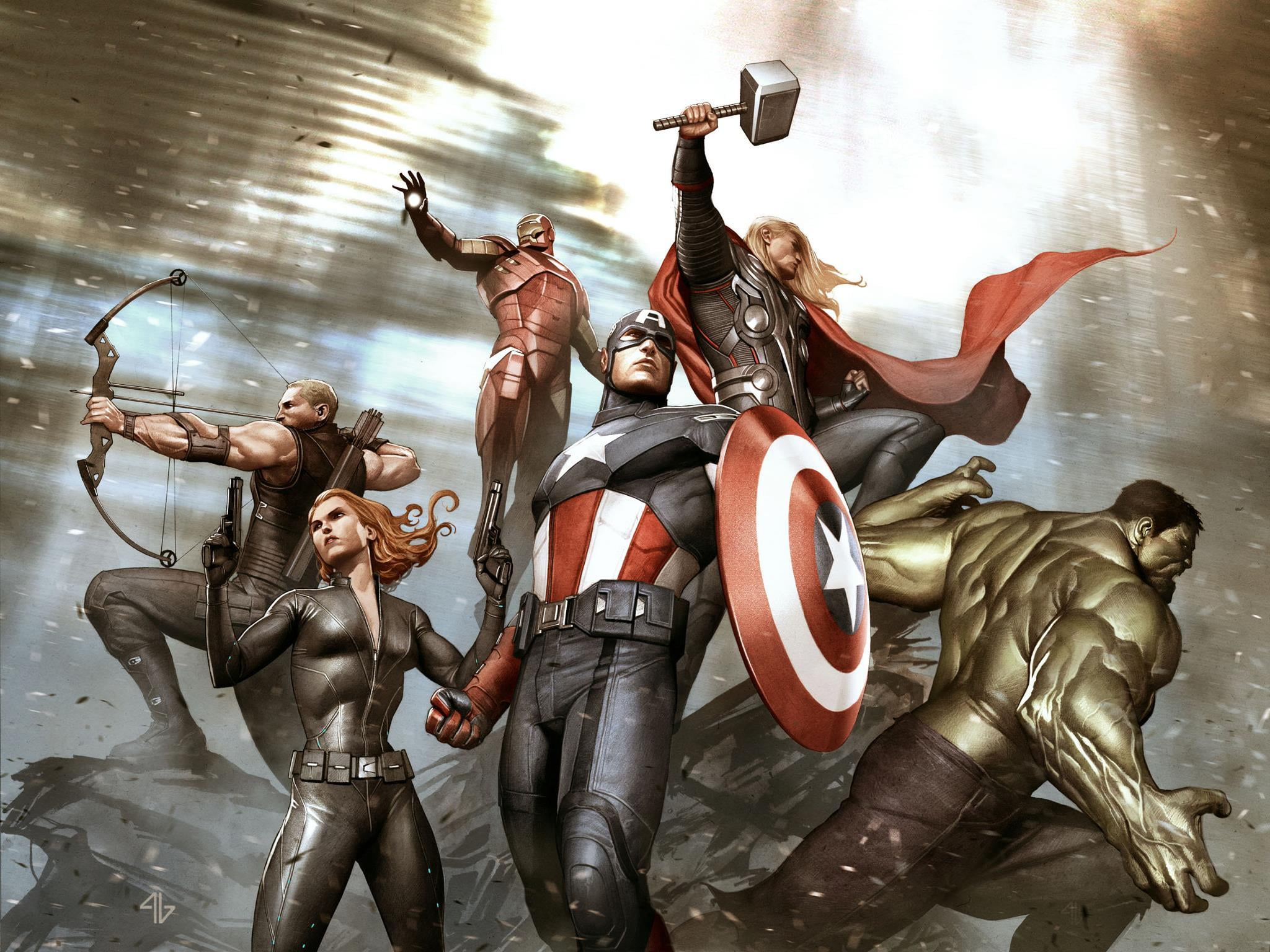 Black Widow, 1080P, figurine, architecture, Thor, Captain America, creativity, toy, Iron Man, power, heroes, indoors, Marvel, futuristic, statue, law, HD Wallpaper