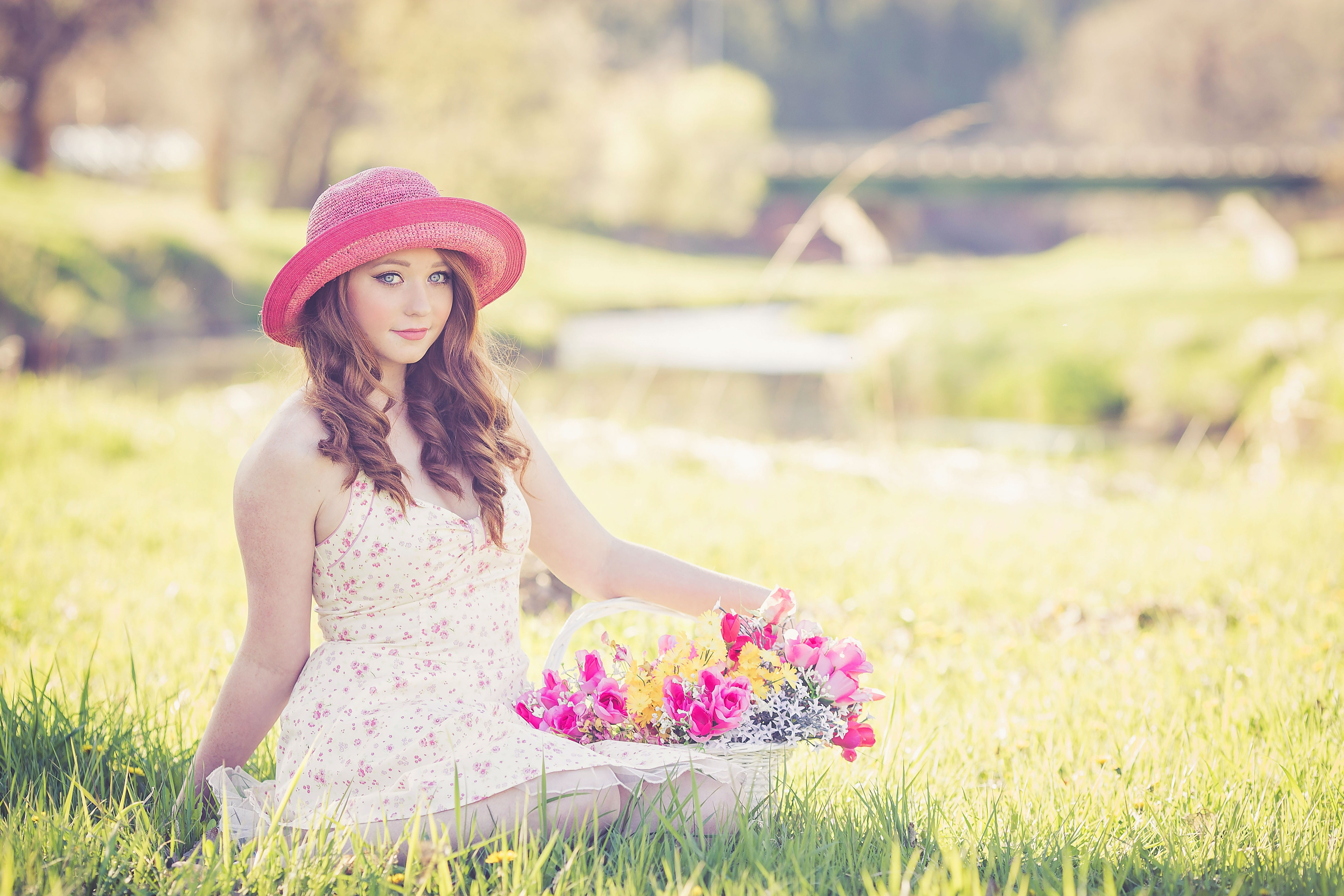 nature, sun, dress, pretty, pink color, close-up, season, field, plant, lovely, flower, cute, young, girl, beautiful woman, grass, person, artificial flowers, HD Wallpaper