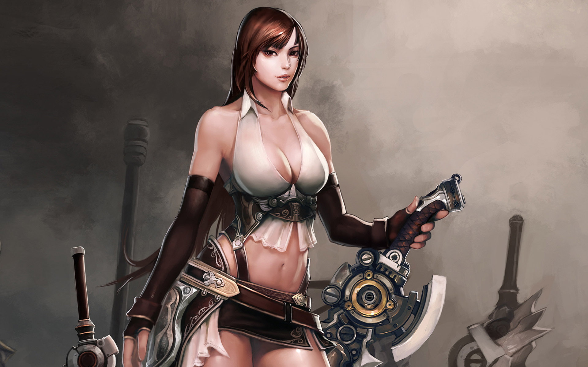 equipment, beauty, brown hair, illustration, fashion model, gun, sitting, young women, beautiful woman, toy Soldier, sensuality, one Person, 1080P, halter, HD Wallpaper