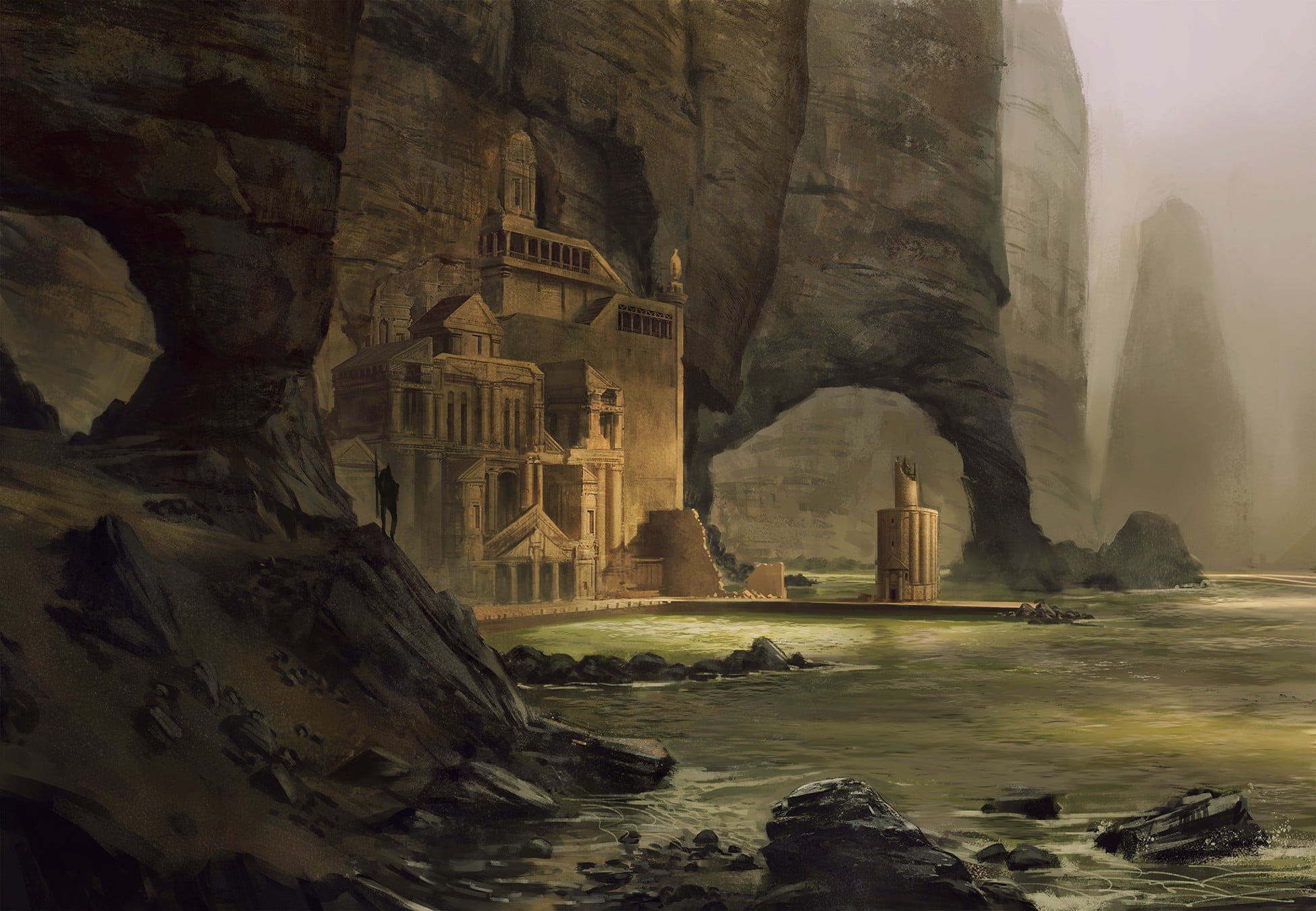 warrior, mist, rock, old building, ancient civilization, built structure, tourism, fantasy art, temple, travel, travel destinations, no people, architectural column, HD Wallpaper