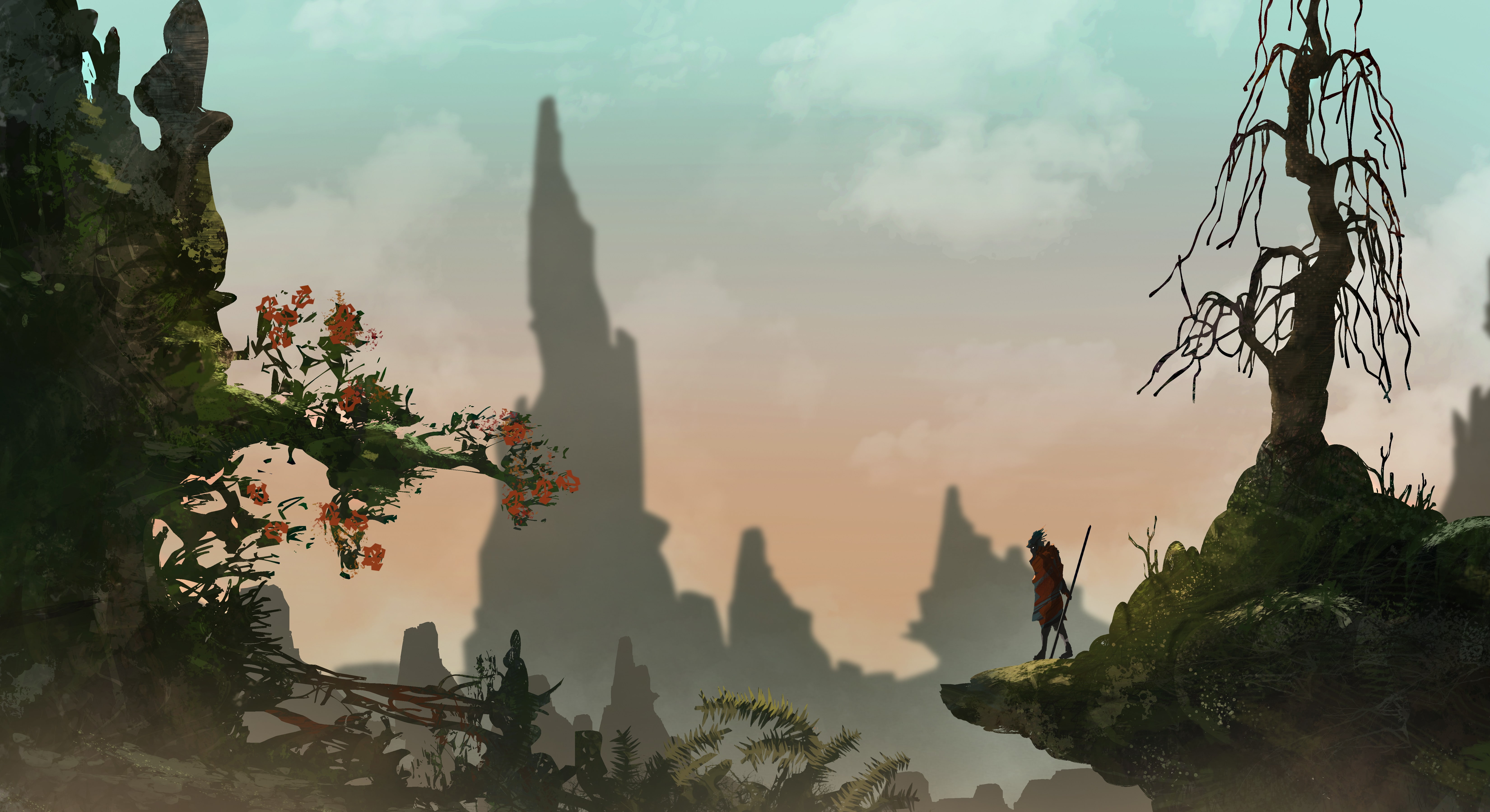 mist, loneliness, nature, trees, hero, warrior, artwork, fantasy art, spirituality, 5K, sky, plant, building, no people, spear, cloud - sky, architecture, HD Wallpaper
