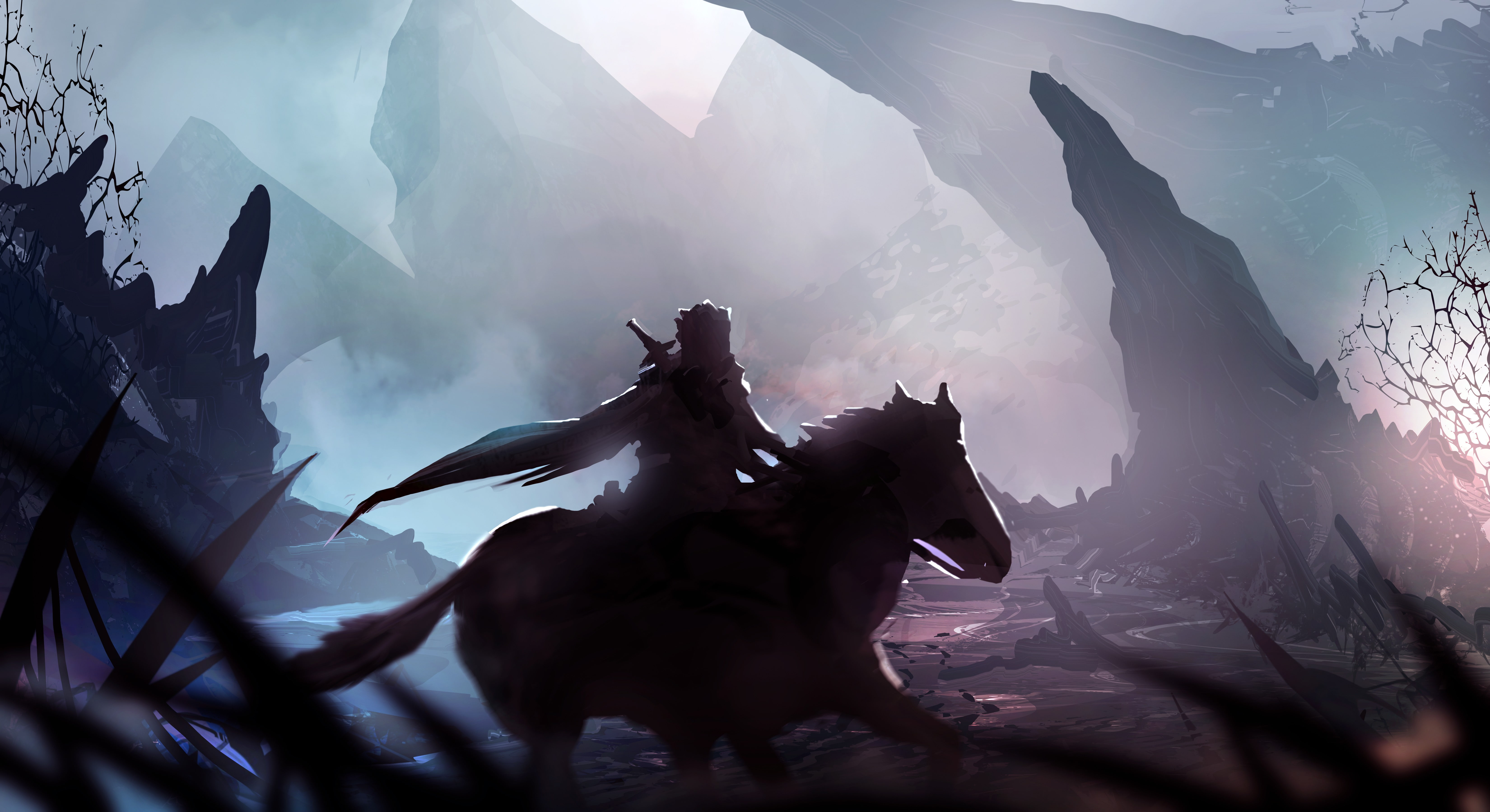 fantasy art, artwork, horse, hero, loneliness, rock, digital art, mist, DeviantArt, 5K, warrior, HD Wallpaper