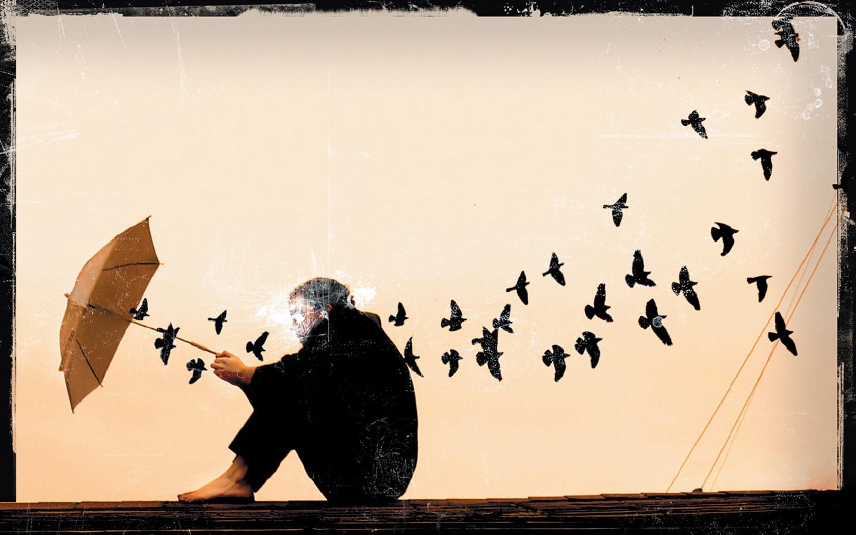 720P, digital composite, full length, rear view, painting, music, birds, people, man, umbrella, transfer print, holding, adult, nature, one person, women, HD Wallpaper