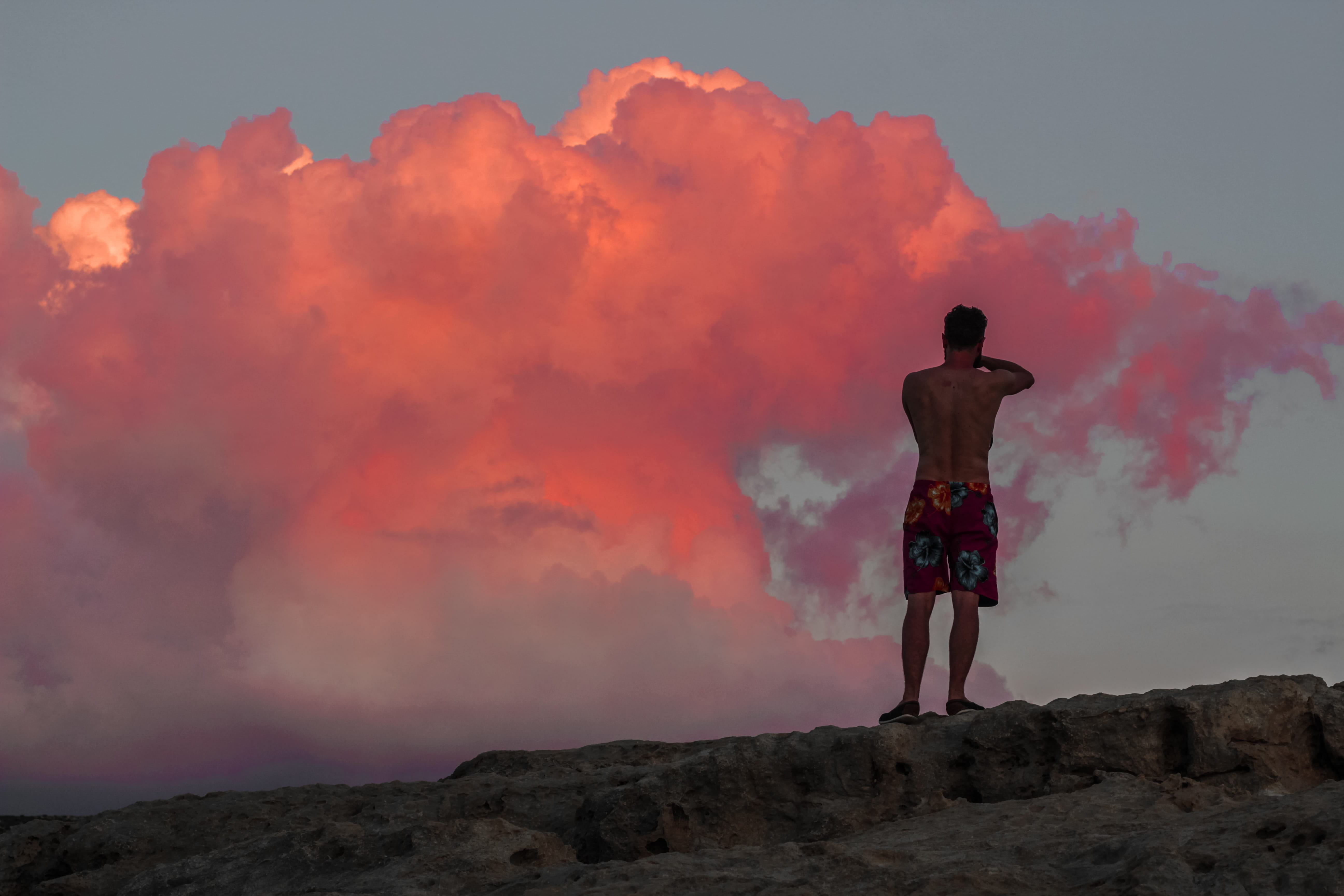 travel, dwejra bay, dwejra, men, beautiful, rear view, pink clouds, beauty in nature, full length, magemnta, serene, malta, standing, 5K, nature, rock, HD Wallpaper