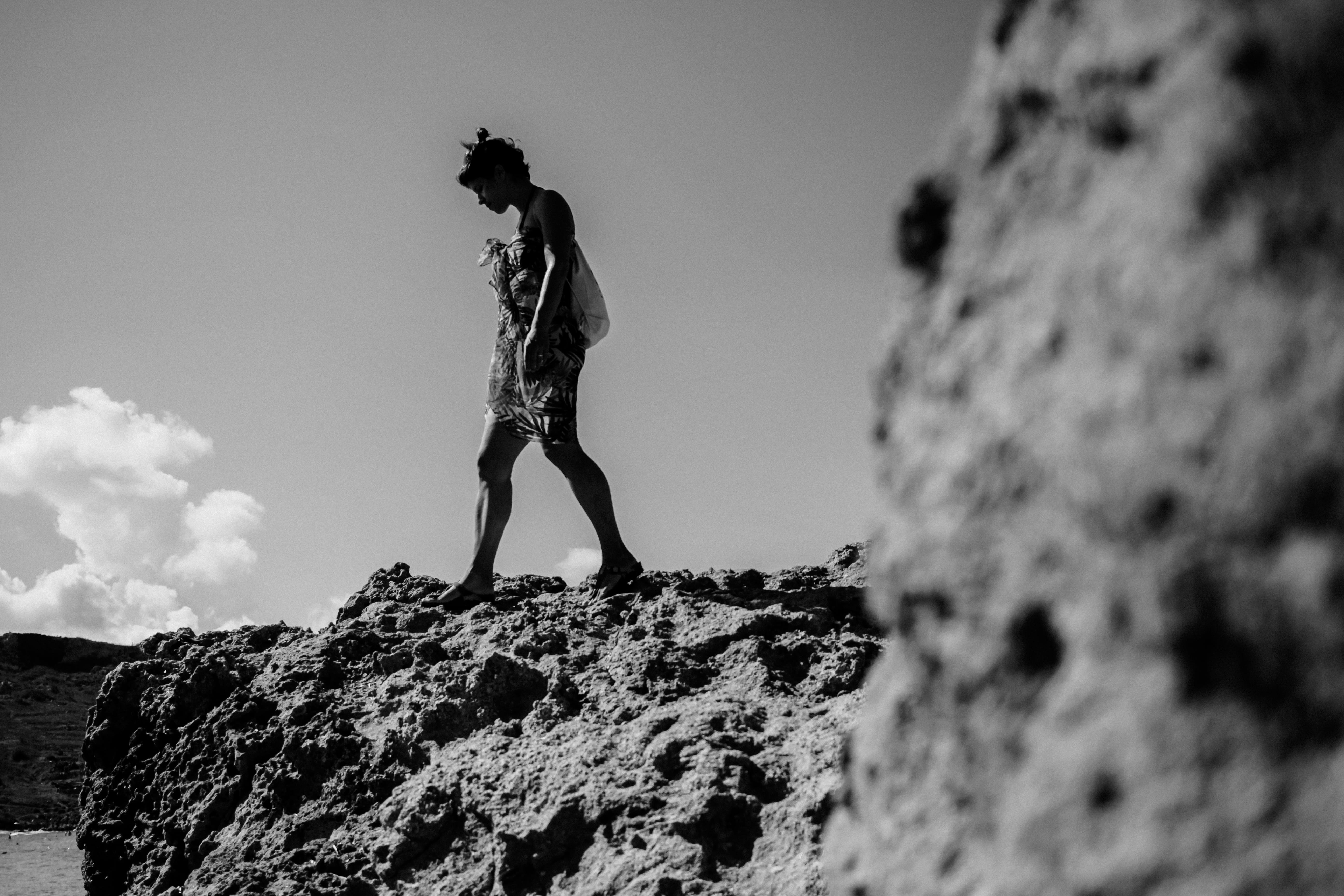 trip, man, shot, outdoor, grayscale, nature, standing, woman, mountain peak, young adult, climbing, side view, black and white, sky, one person, 5K, lifestyles, HD Wallpaper