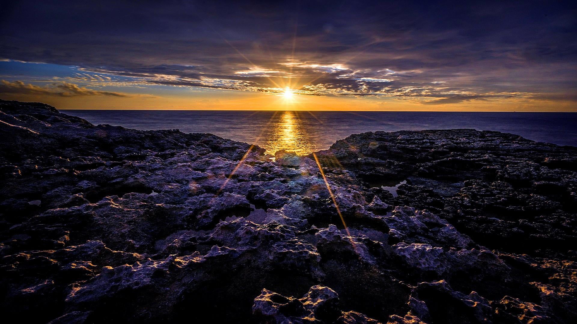 beach, sunset, sky, land, tranquility, nature, sunlight, cloud - sky, no people, 1080P, bay, tranquil scene, scenics - nature, solid, beauty in nature, HD Wallpaper