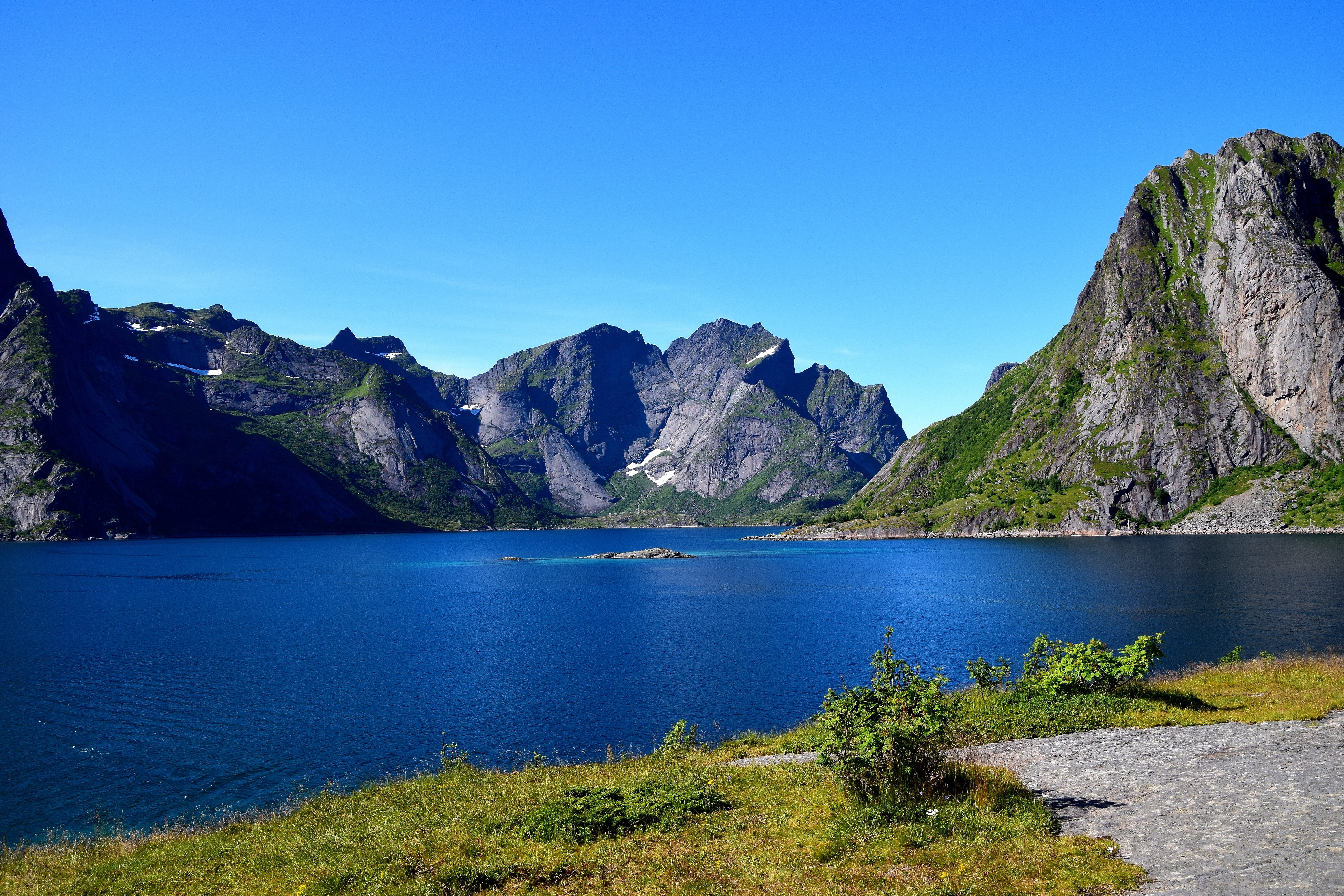 reine, no people, clear sky, adventure, rest, blue, tranquil scene, lofoten, tranquility, nordland, mountain range, land, lake, outdoors, day, rock, landscape, HD Wallpaper