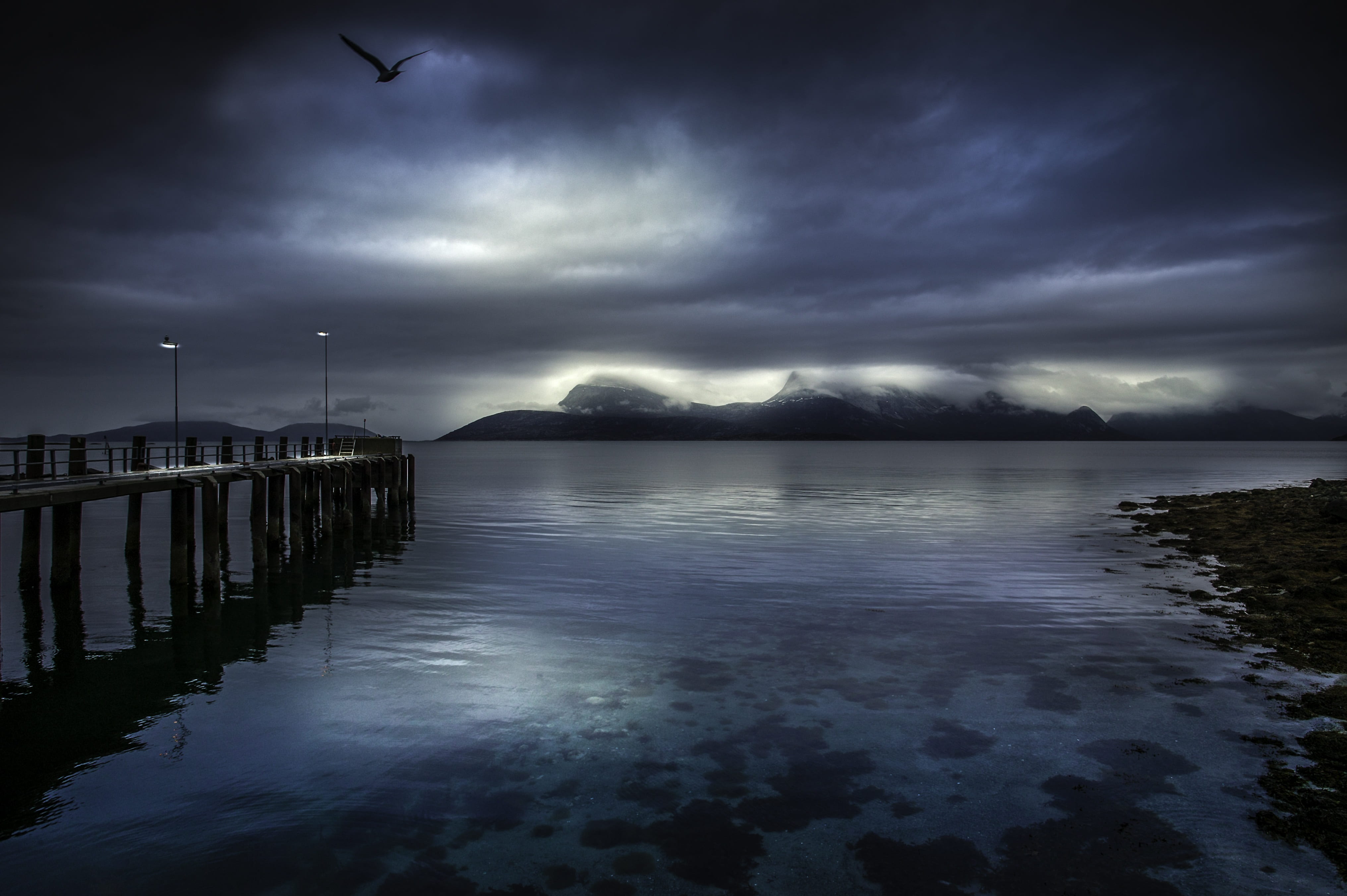 silent bay, built structure, architecture, body, booked, holiday in norway, wide, outdoors, dock, water, no people, dusk, dark, lofoten fishing village, HD Wallpaper