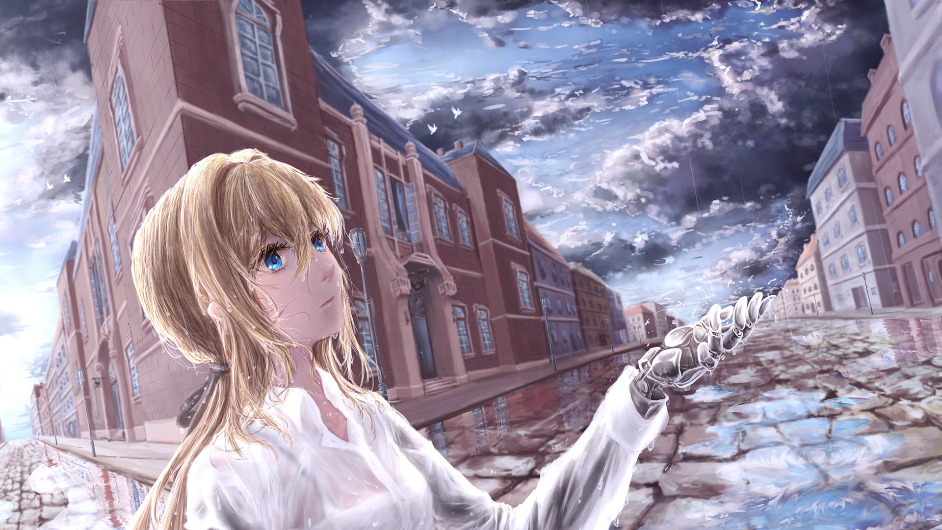 hair, long, sky, shirt, evergarden, through, blonde, wet, rain, techgirl, violet, ikori, aqua, see, building, 262125, reflection, 1080P, water, eyes, ponytail, HD Wallpaper