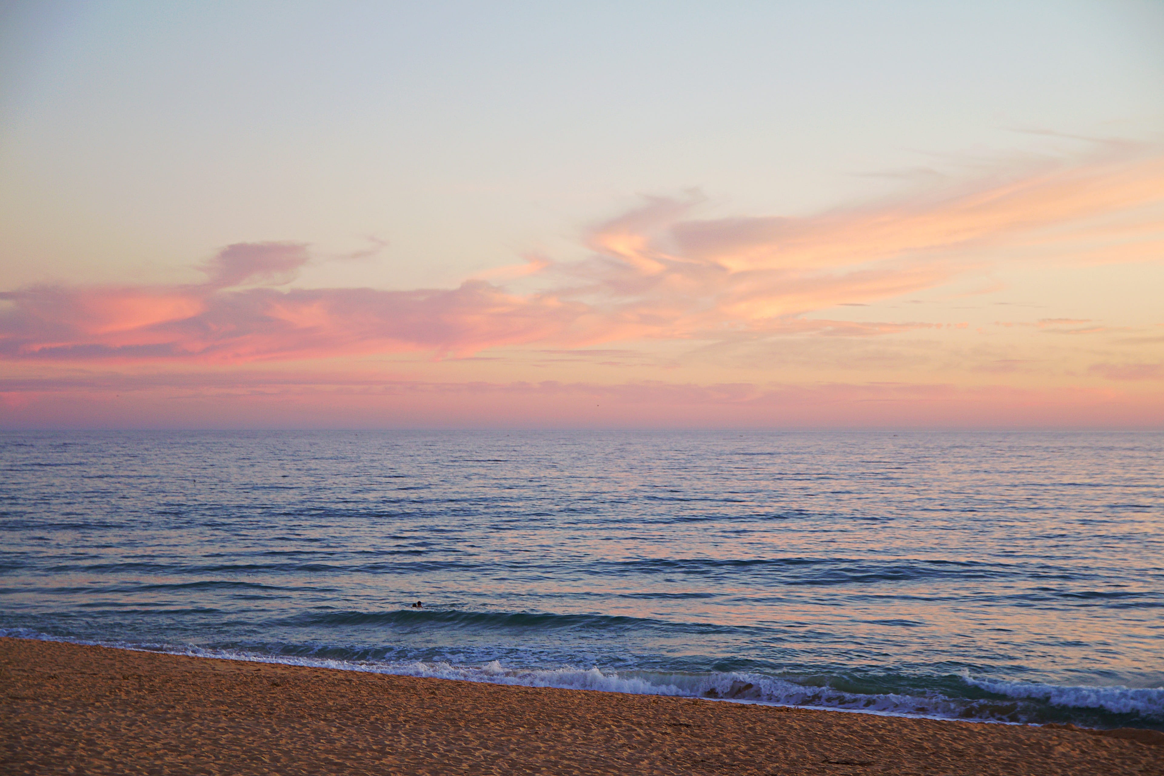 sun, mood, view, tranquility, evening, ocean, horizon, faro, romantic, 4K, sky, romantic sky, portugal, sand, evening sun, outdoors, body, algarve, violet, HD Wallpaper