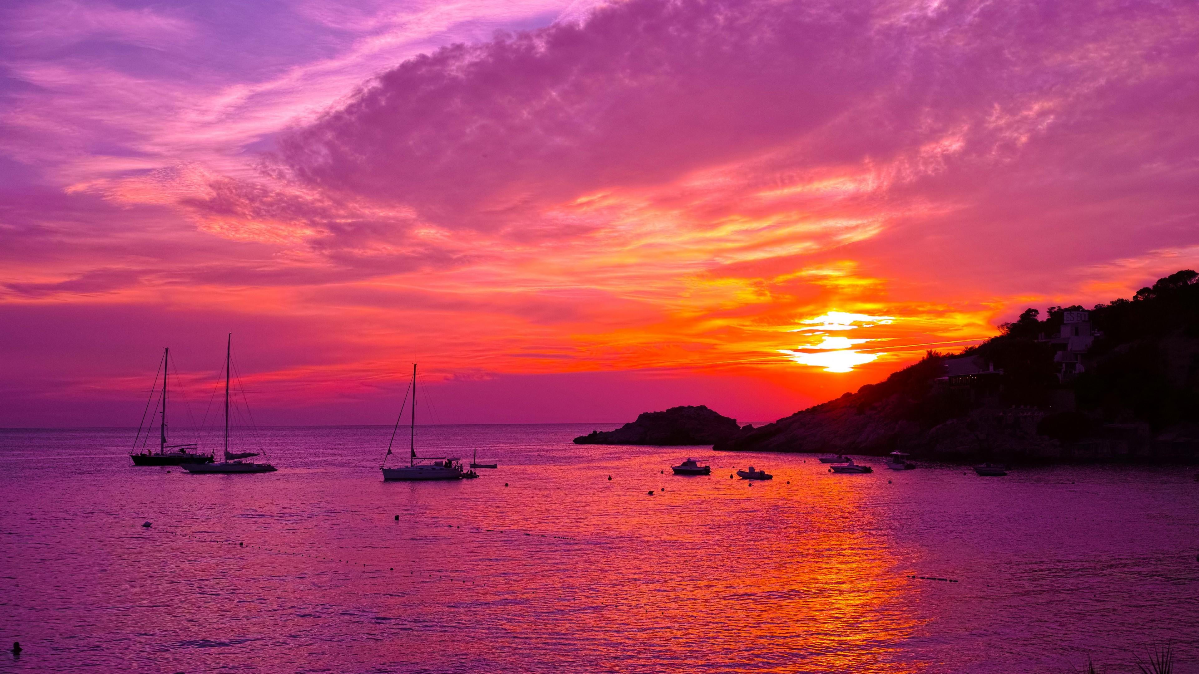 pinkie, amazing, sun, boats, romantic sky, dramatic sky, nature, horizon over water, 4K, water, coast, horizon, beach, nautical vessel, yacht, no people, HD Wallpaper