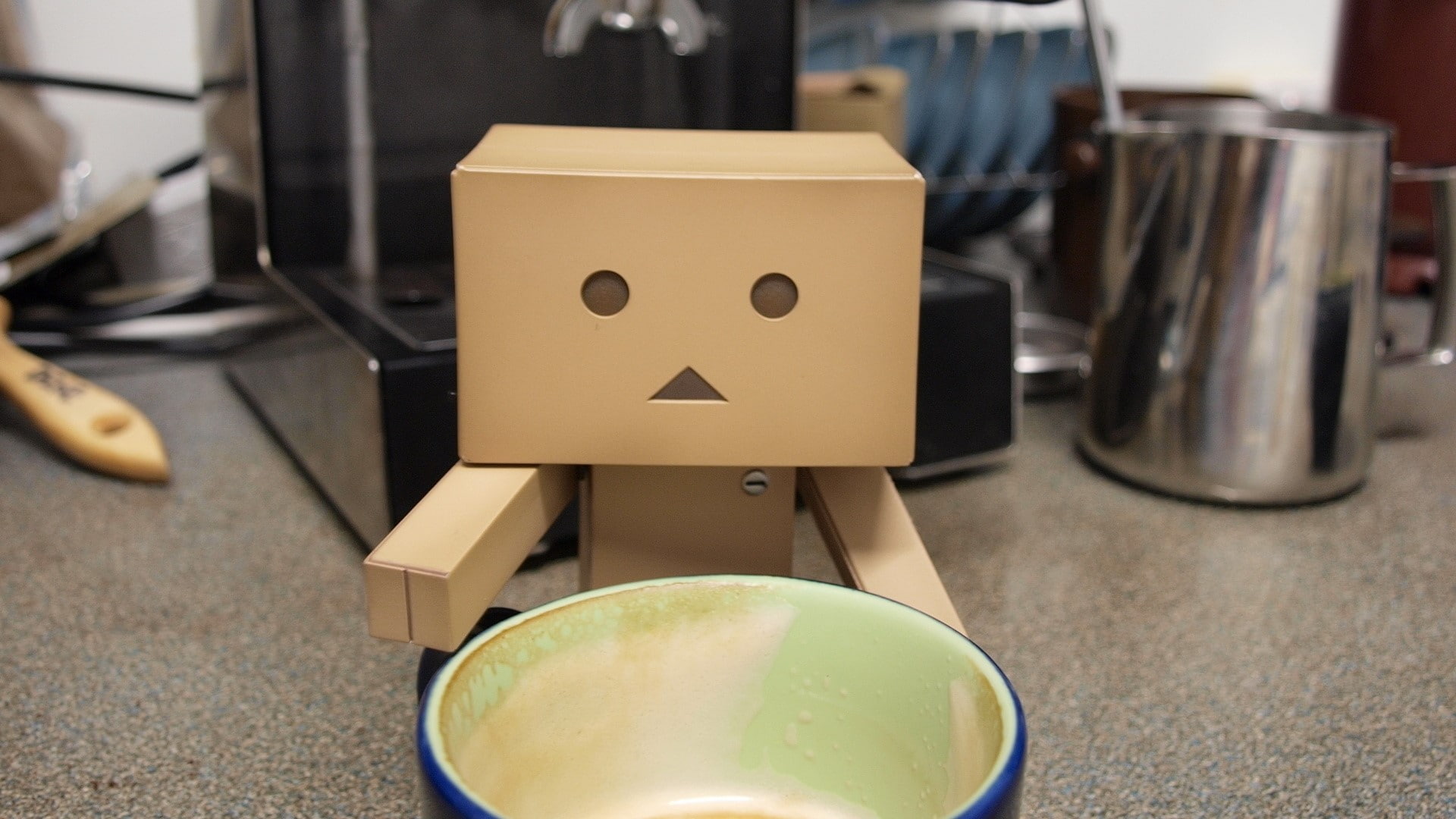 1080P, wood - material, Robot, cardboard, art and craft, Cup, refreshment, indoors, technology, anthropomorphic smiley face, creativity, Drink, food and drink, HD Wallpaper