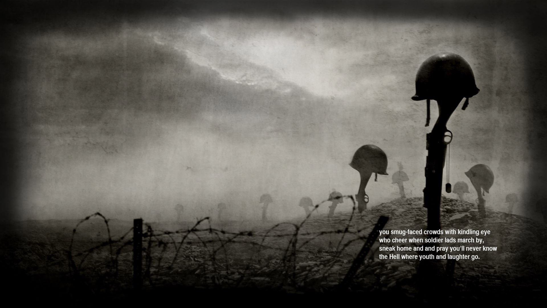 fog, no people, Sassoon, Helmets, nature, 1080P, lighting equipment, tombstone, war, Siegfried, dark, street light, sign, silhouette, quotes, electric lamp, HD Wallpaper