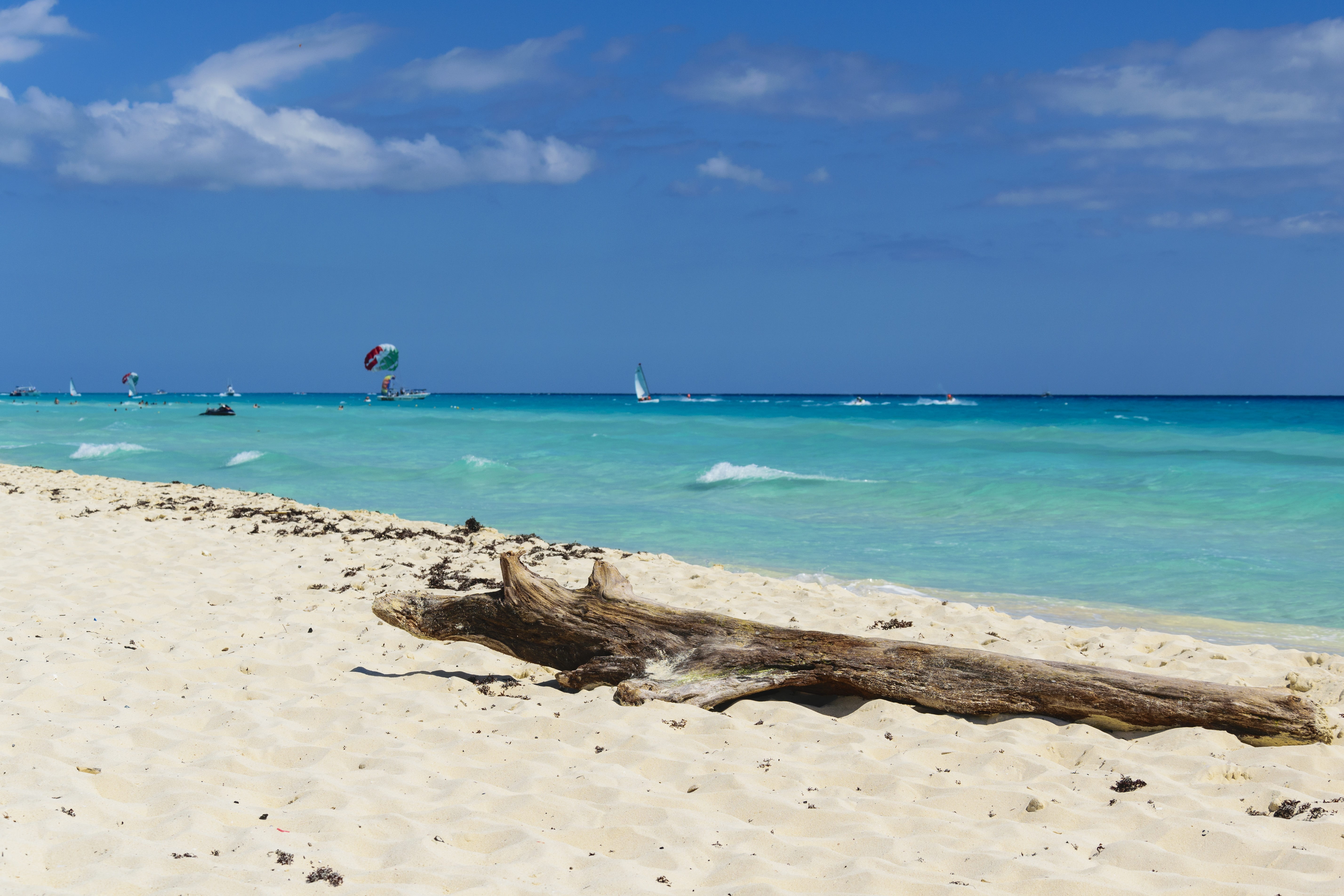 holiday, nature, driftwood, sea, nautical vessel, landscape, tranquility, relaxation, beauty in nature, yucatan, cloud - sky, idyllic, cancun, day, sunny, HD Wallpaper