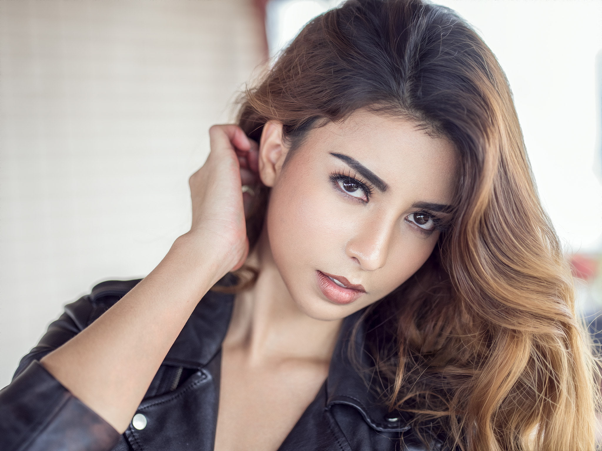 leather jackets, women, brunette, portrait, 1080P, face, HD Wallpaper