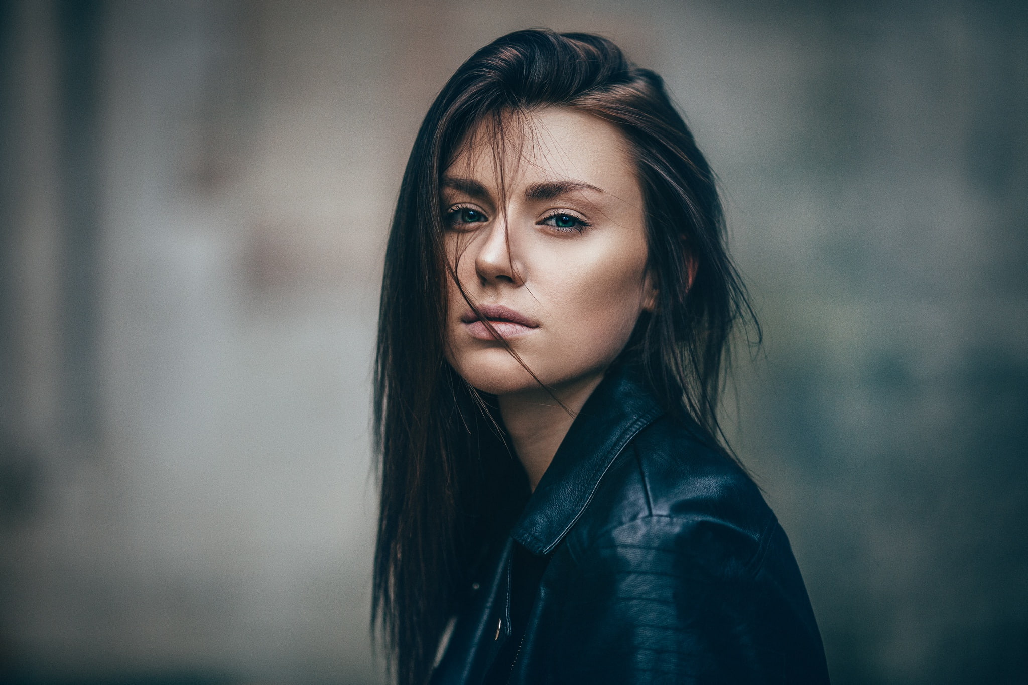 hair in face, 1080P, face, women, leather jackets, looking at viewer, model, portrait, HD Wallpaper