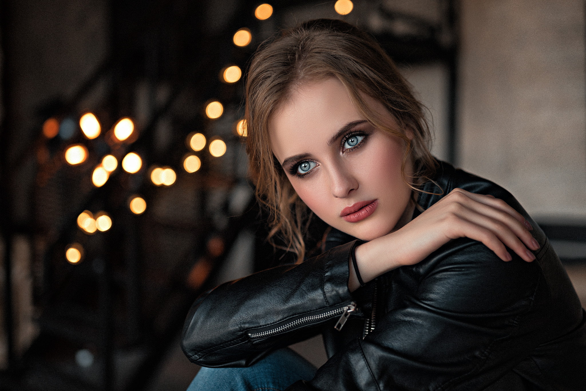 young women, focus on foreground, adult, leather jackets, headshot, brown hair, blue eyes, bokeh, leather jacket, beautiful woman, young adult, clothing, HD Wallpaper