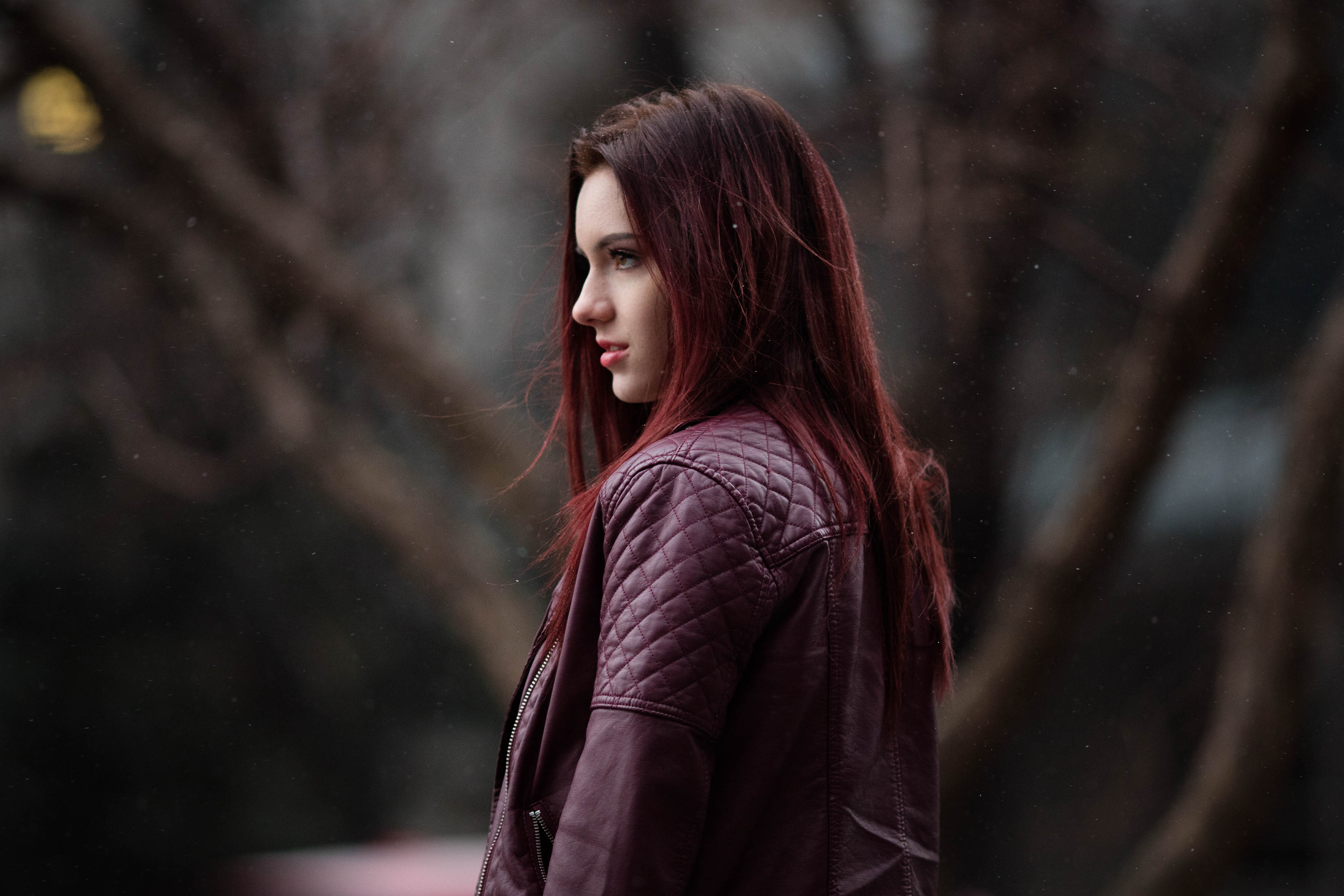 depth of field, hair, looking into the distance, outdoors, profile, 4K, young adult, waist up, leather jackets, young women, red jackets, portrait, standing, HD Wallpaper