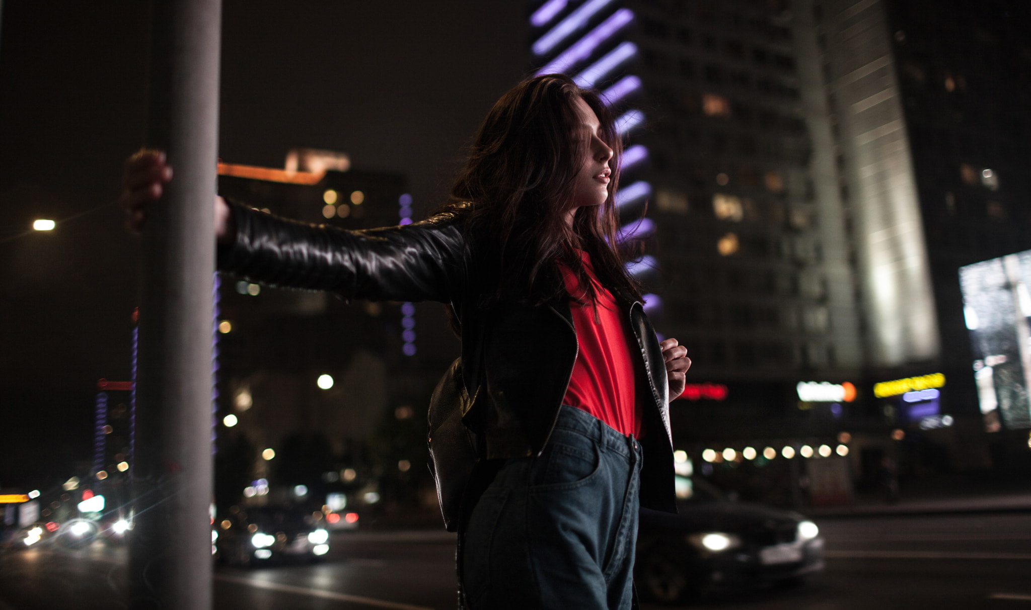 street, city, long hair, night, building exterior, illuminated, hairstyle, leather jackets, leather, Andrey Frolov, standing, jeans, 1080P, built structure, HD Wallpaper