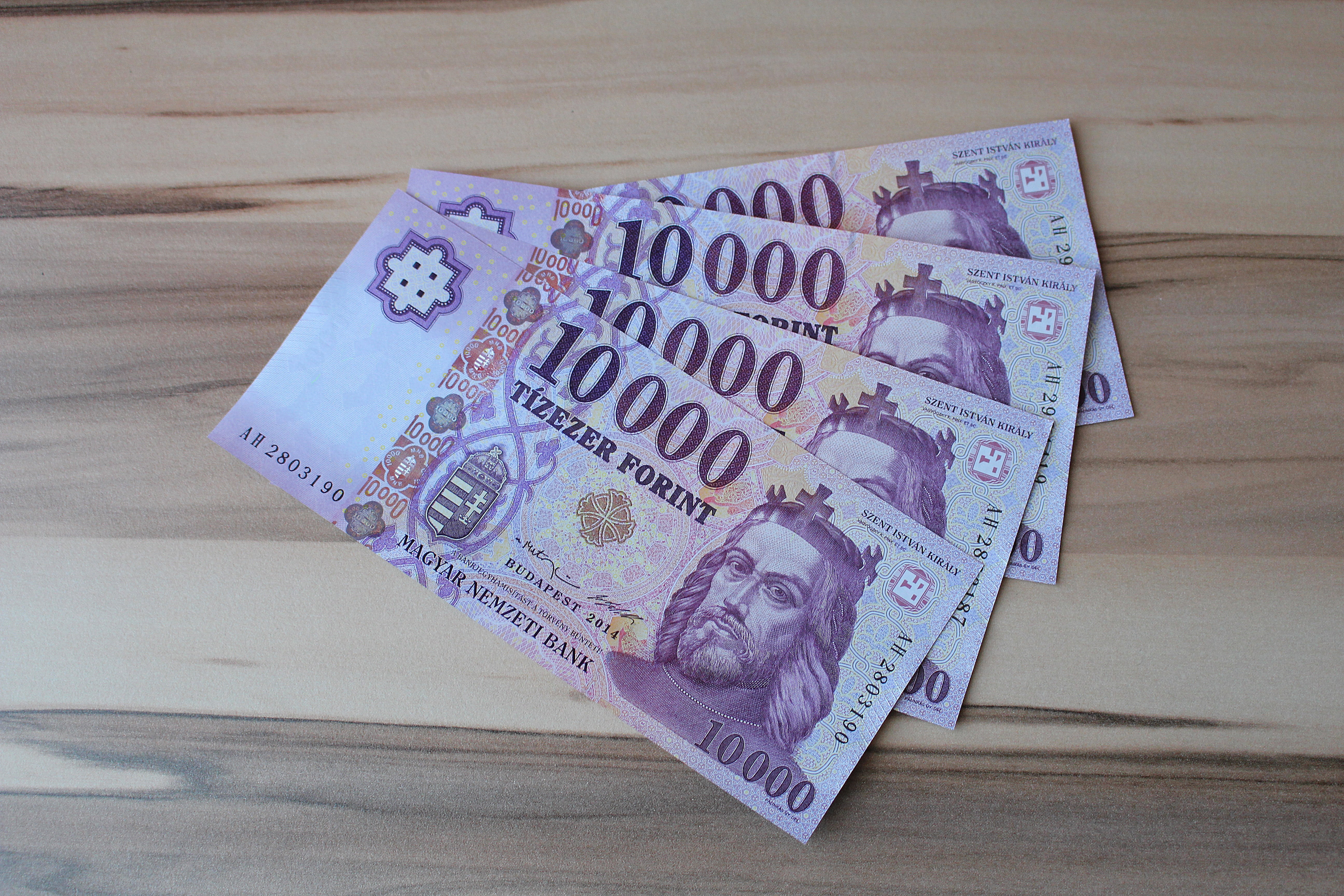 close-up, hungarian currency, western script, business finance and industry, 5K, still life, high angle view, paper currency, bills, representation, wood - material, HD Wallpaper