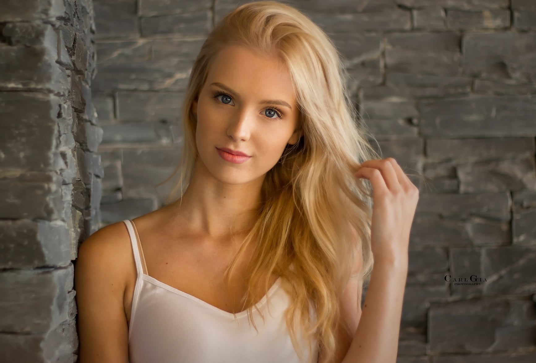 blonde, portrait, bricks, blue eyes, women, smiling, long hair, 720P, Carl Gia, makeup, HD Wallpaper