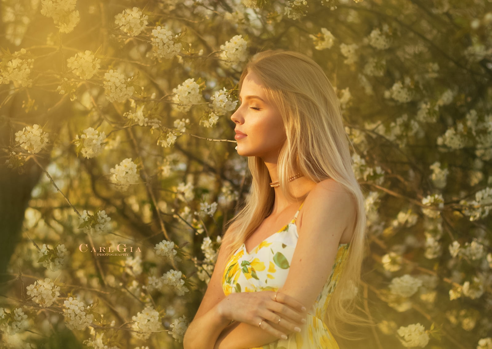 plants, 720P, flowers, dress, makeup, nature, closed eyes, sun rays, lipstick, Carl Gia, sunlight, long hair, blonde, straight hair, women, sun bathing, HD Wallpaper