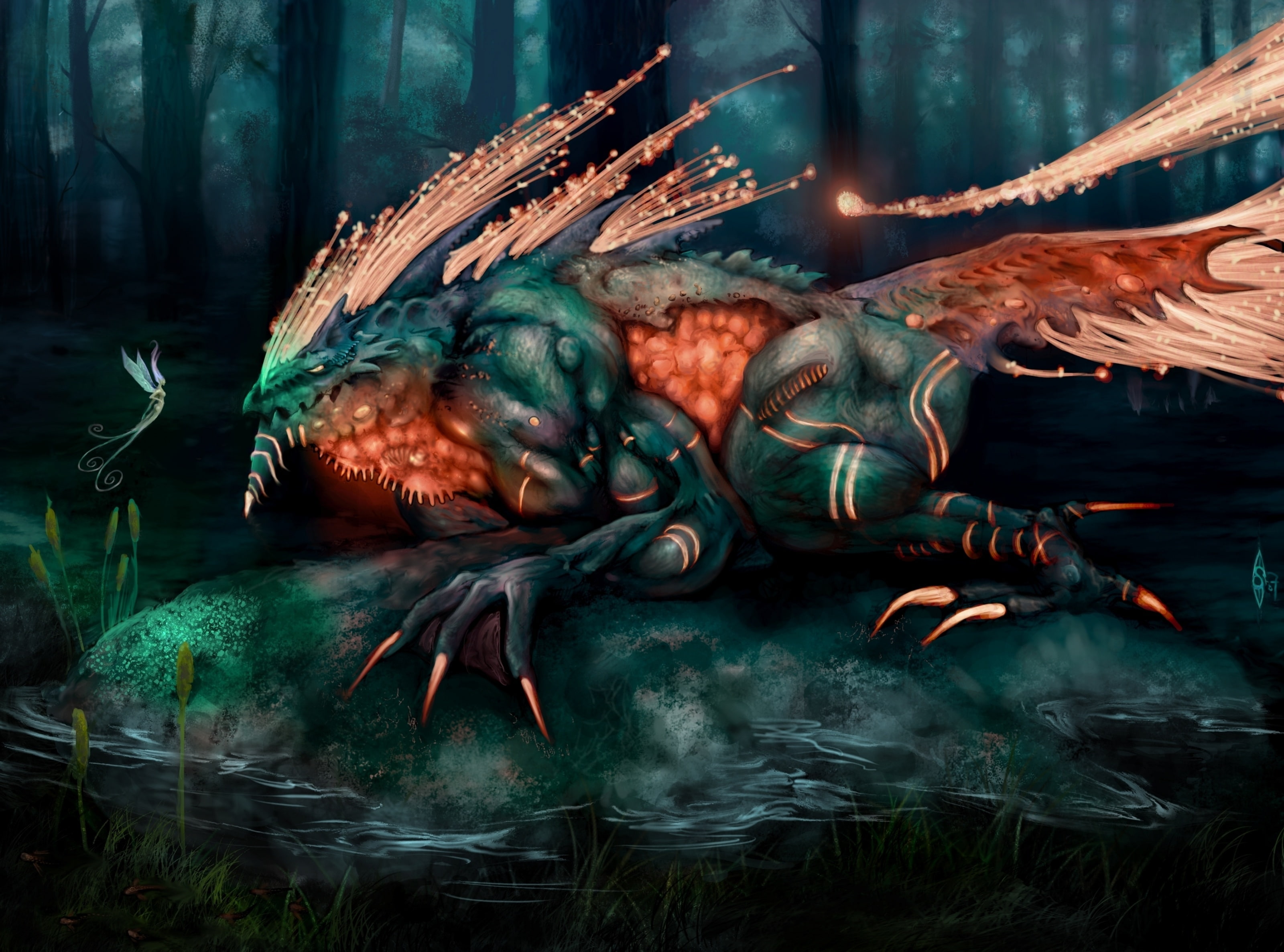 animal, mythical, water, animals in the wild, animal wildlife, orange, tree, plant, 2K, group of animals, close-up, outdoors, illustration, green, vertebrate, HD Wallpaper