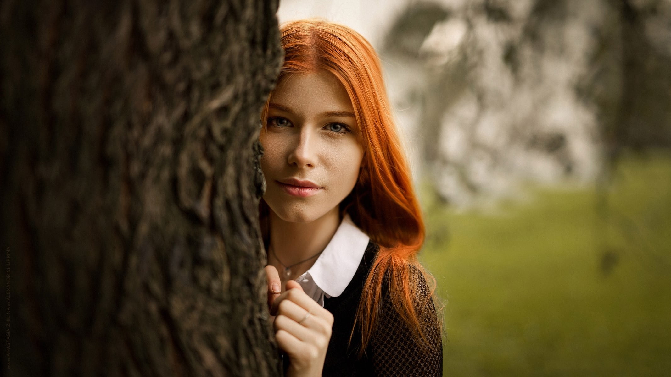 redhead, headshot, outdoors, looking at camera, trees, tree, hair, beautiful woman, contemplation, beauty, Anastasia Zhilina, hairstyle, beautiful people, HD Wallpaper