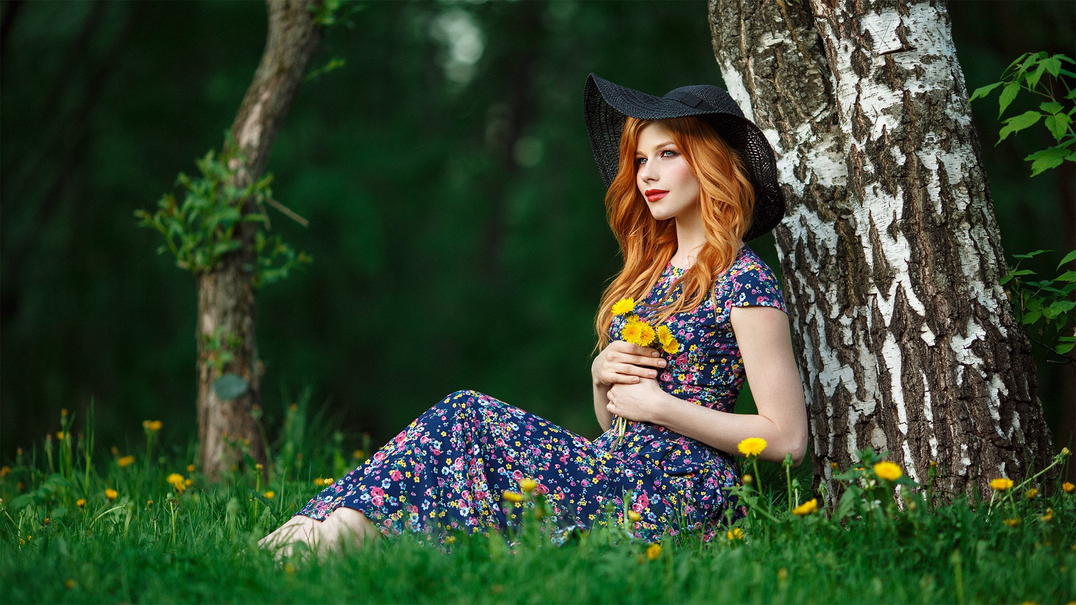 plant, 1080P, hat, sitting, young women, flowering plant, women outdoors, Anastasia Zhilina, hair, hairstyle, nature, one person, fashion, adult, grass, HD Wallpaper