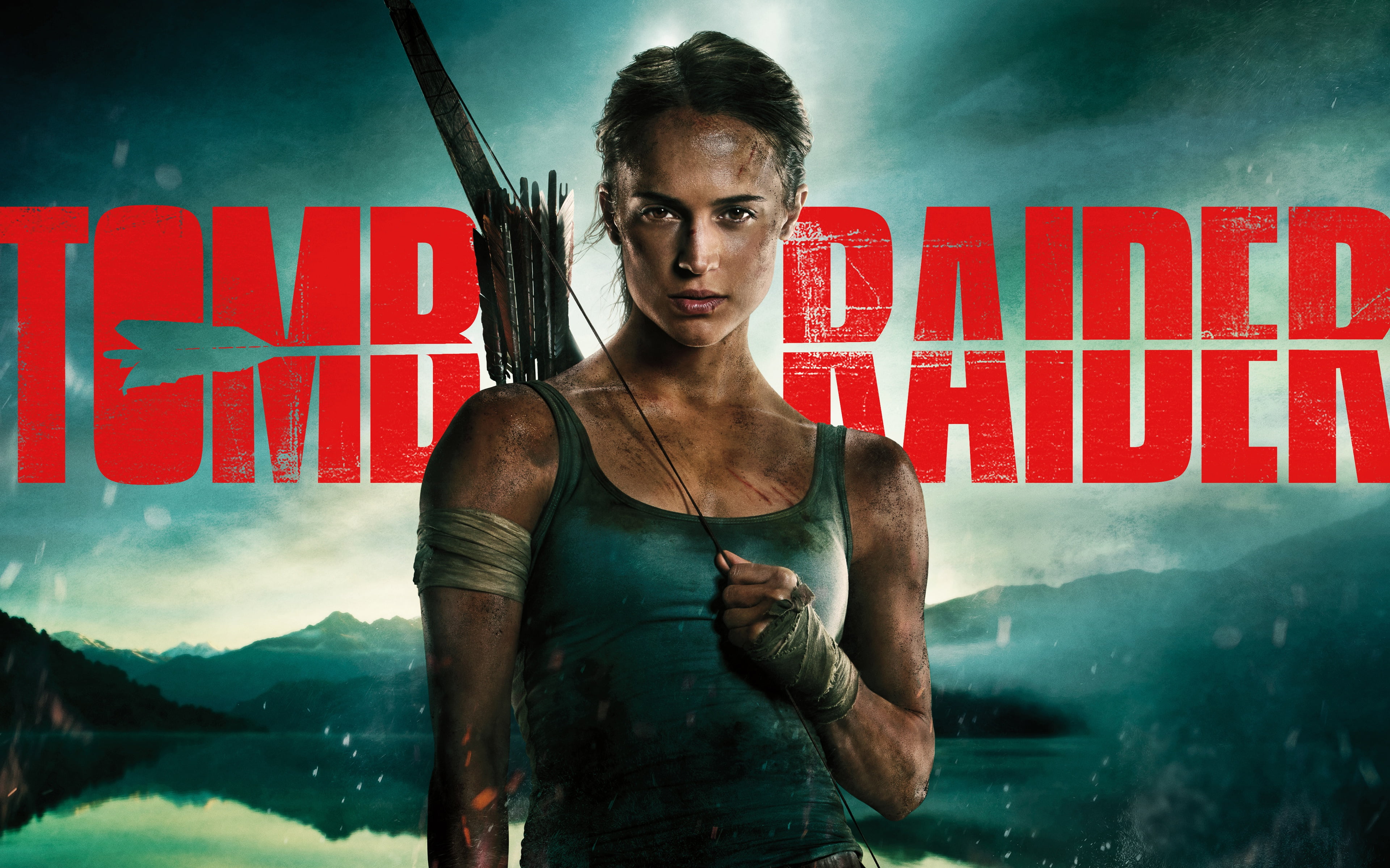 Alicia Vikander, bandages, grimy, Mike, poster, bow, the inscription, landscape, 4K, Tomb Raider, background, arrows, Lara Croft, girl, HD Wallpaper